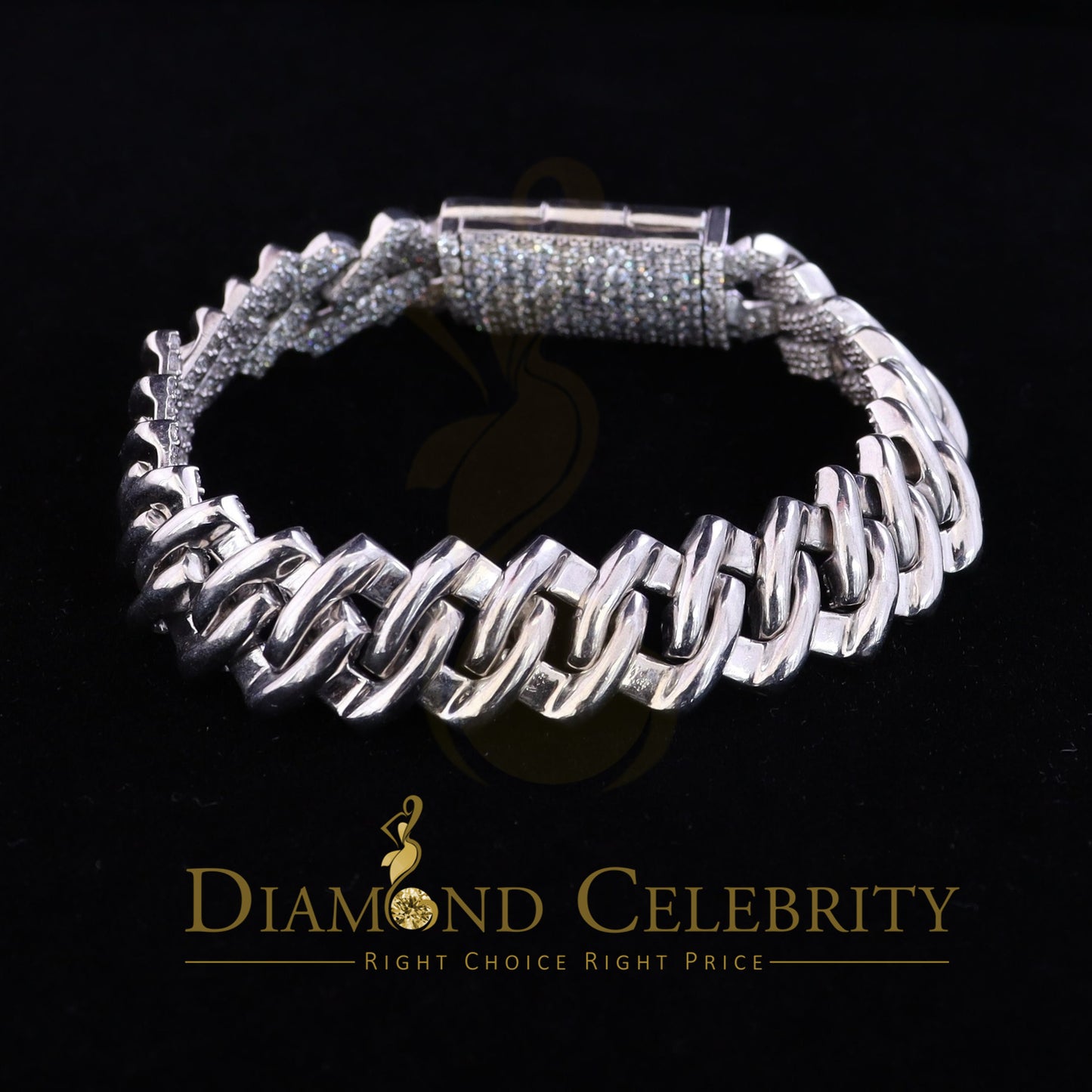 Diamondcelebritees 925 Silver 14.52ct Cubic Zirconia White Cuban Bracelete SZ 9 inch & 16mm Width