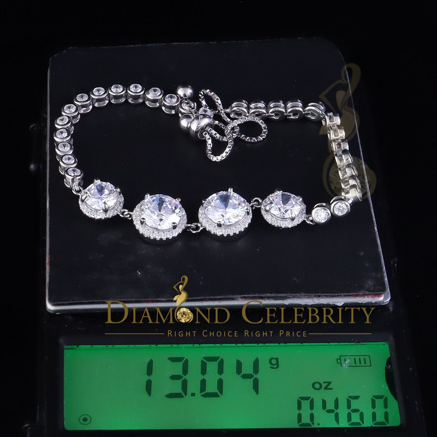 Diamondcelebritees Adjustable Round Solitaire Style White Sterlng Silver Cubic Zirconia Bracelete