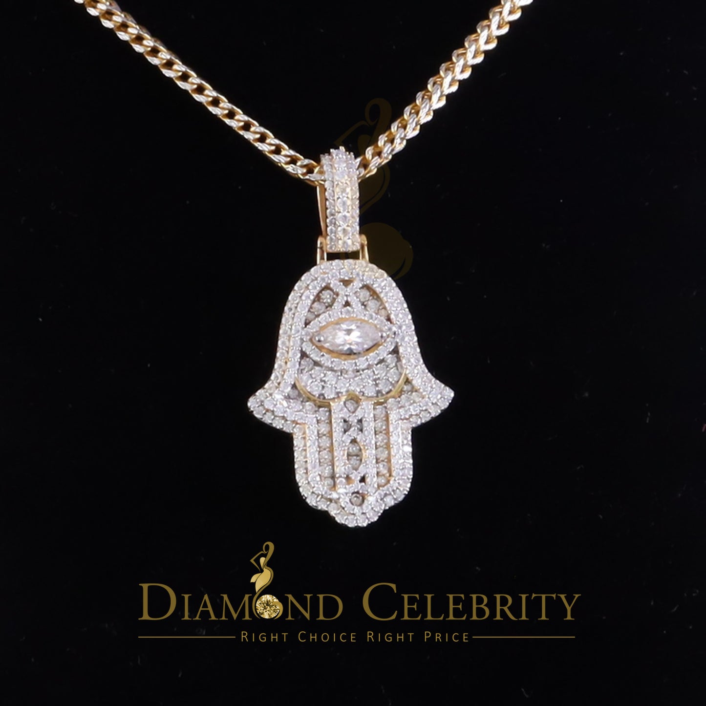 Diamondcelebritees 3.00ct Moissanite VVS D Baguette 925 Silver Yellow Hamsa Pendant For Women's