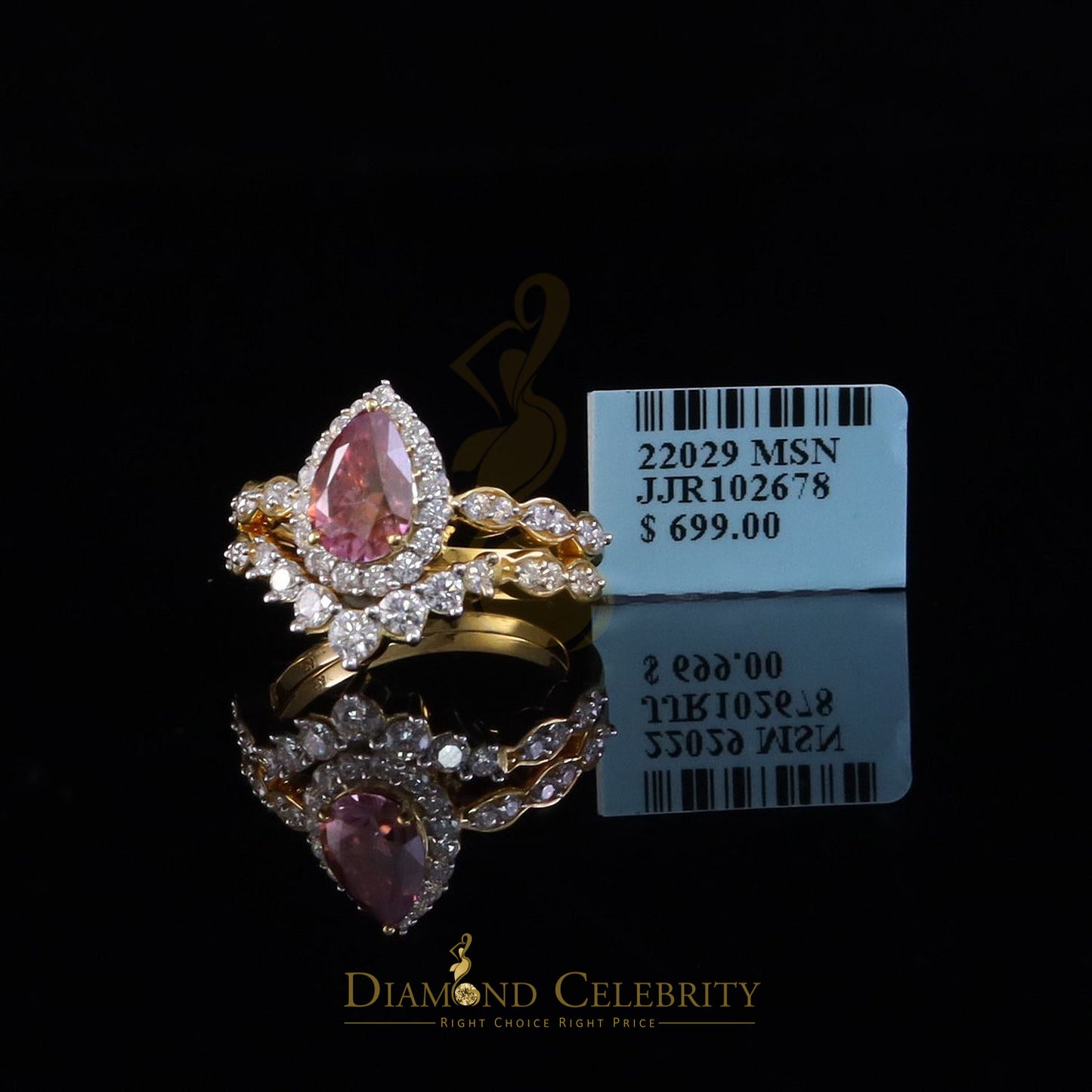 DiamondCelebritees 2.50CTWomen's925SilverYellowVVS D Pink&White Moissanite PearShaped DoubleRingSZ7