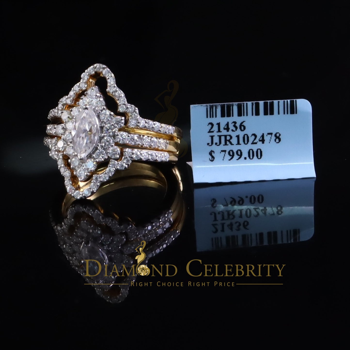 DiamondCelebritees New Solitaire Marquise Moissanite 2.00ct VVS D 925 Yellow Silver Guard Ring SZ 7
