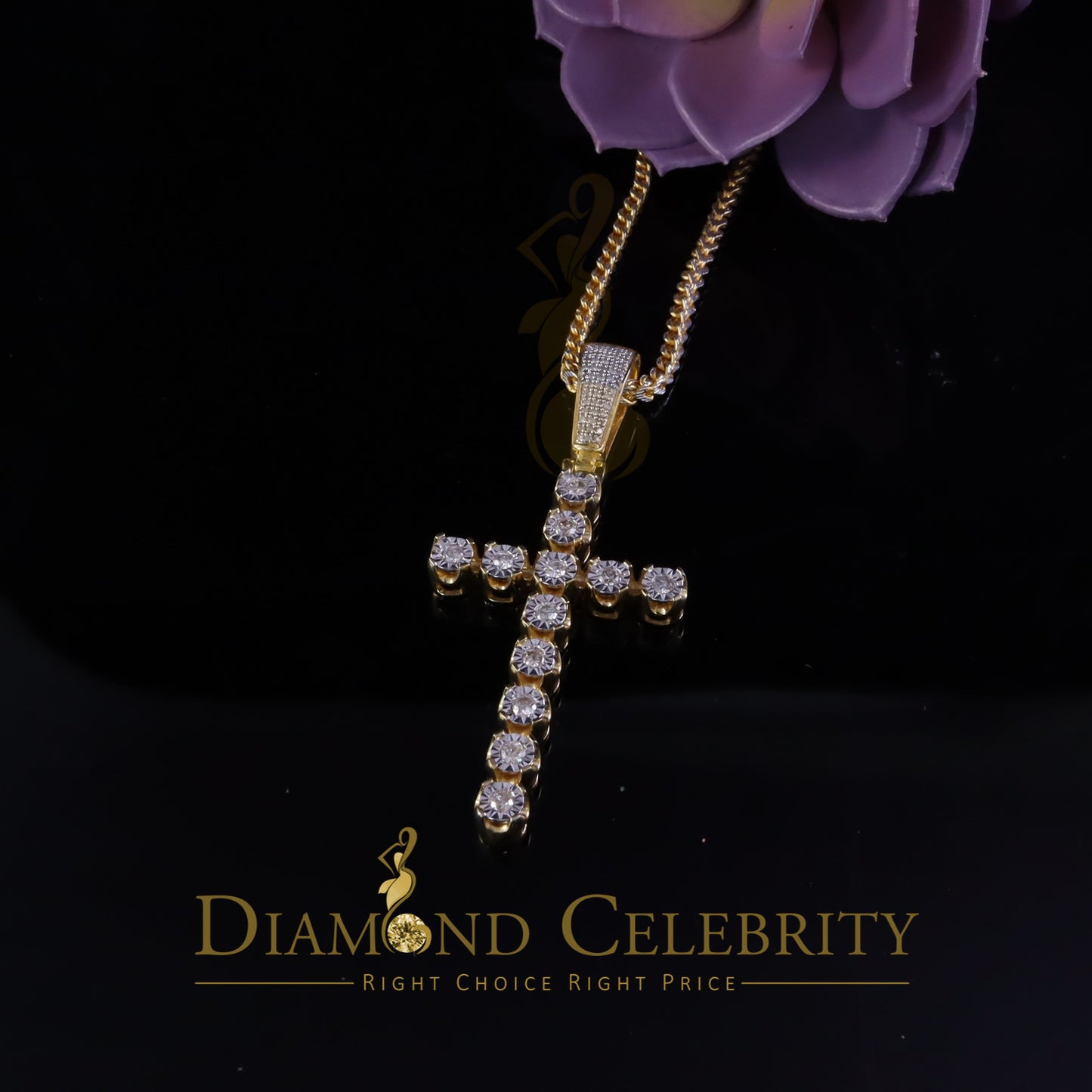 DiamondCelebritees 925 Sterling Silver Real Diamond 0.40CT Cross Crystal Yellow Necklace Pendant