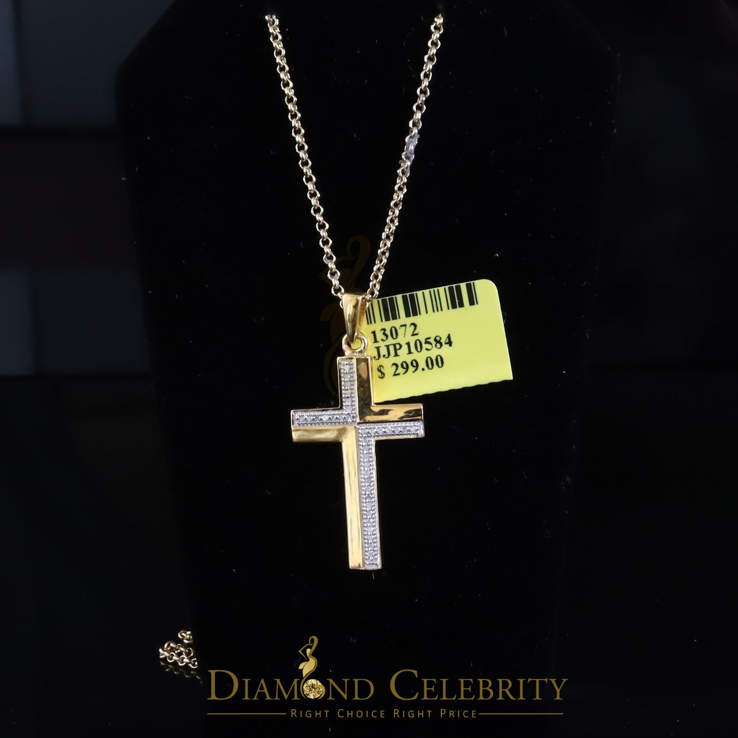 DiamondCelebritees Elegant Sleek Real 0.10ct Diamond 925 Silver CROSS with Necklace Yellow Pendant