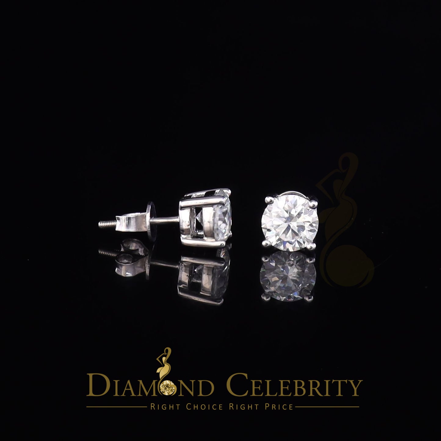 DiamondCelebritees 10k Real White Gold with 3.00ct Round VVS 'D' Color Moissanite Stud Earrings