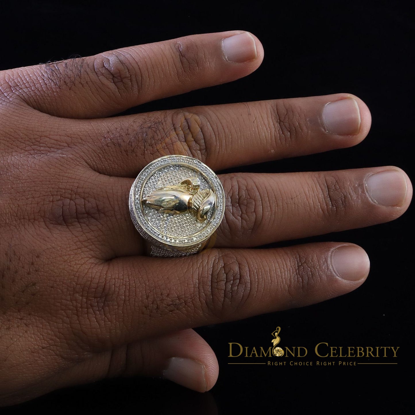 DiamondCelebritees Real Diamond 0.25CT Men's Silver Yellow Round Adjustable Ring From SZ 11 to 13