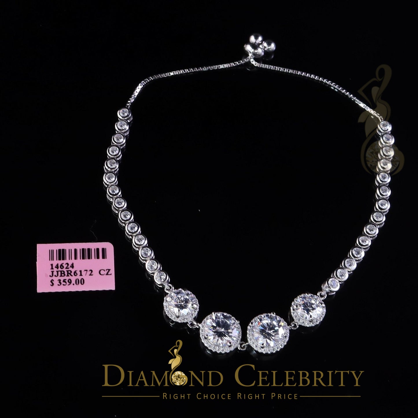 Diamondcelebritees Adjustable Round Solitaire Style White Sterlng Silver Cubic Zirconia Bracelete