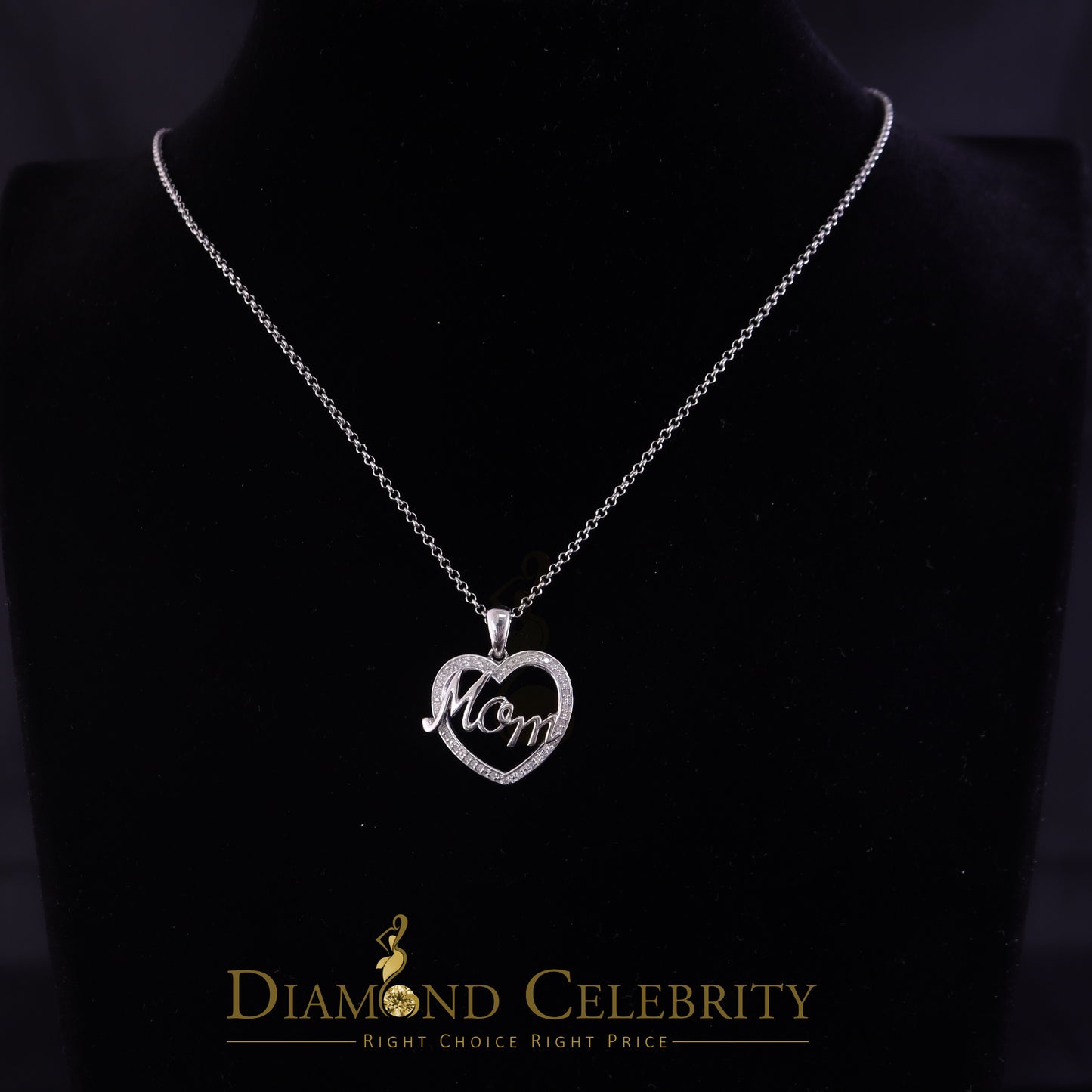 DiamondCelebritees Sterling Silver White Real 0.10CT Diamond HEART MOM'S Charm Necklace Pendant
