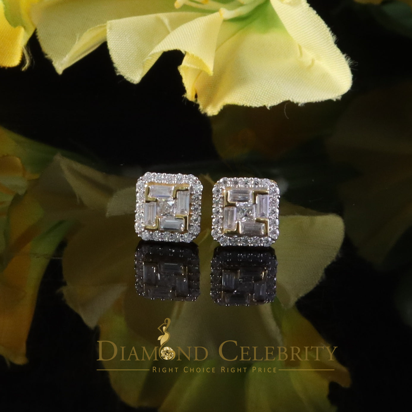 DiamondCelebritees Men's/Women's 1.25ct VVS 'D' Moissanite 925 Silver Yellow Square Stud Earrings