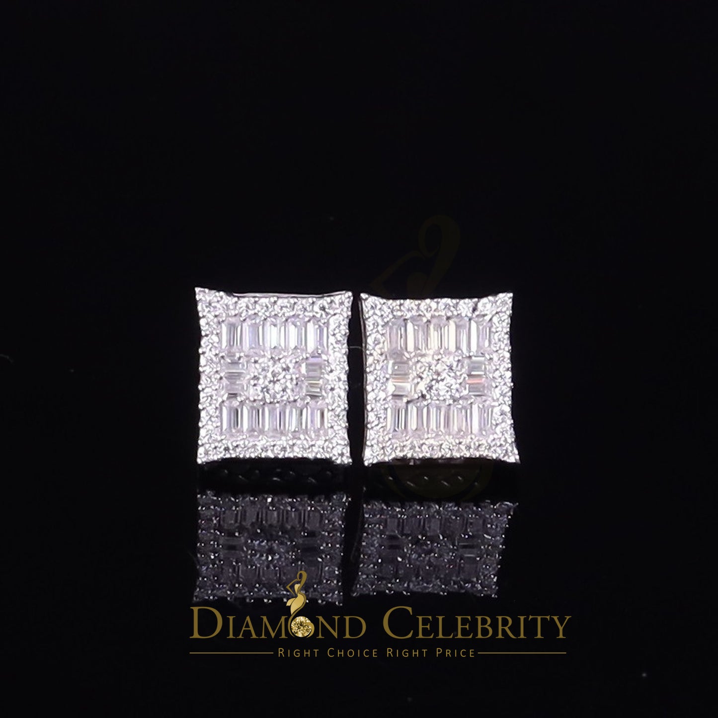 Diamondcelebritees Men's/Women's 925 Silver White 1.00ct VVS 'D' Moissanite Baguette Stud Earrings