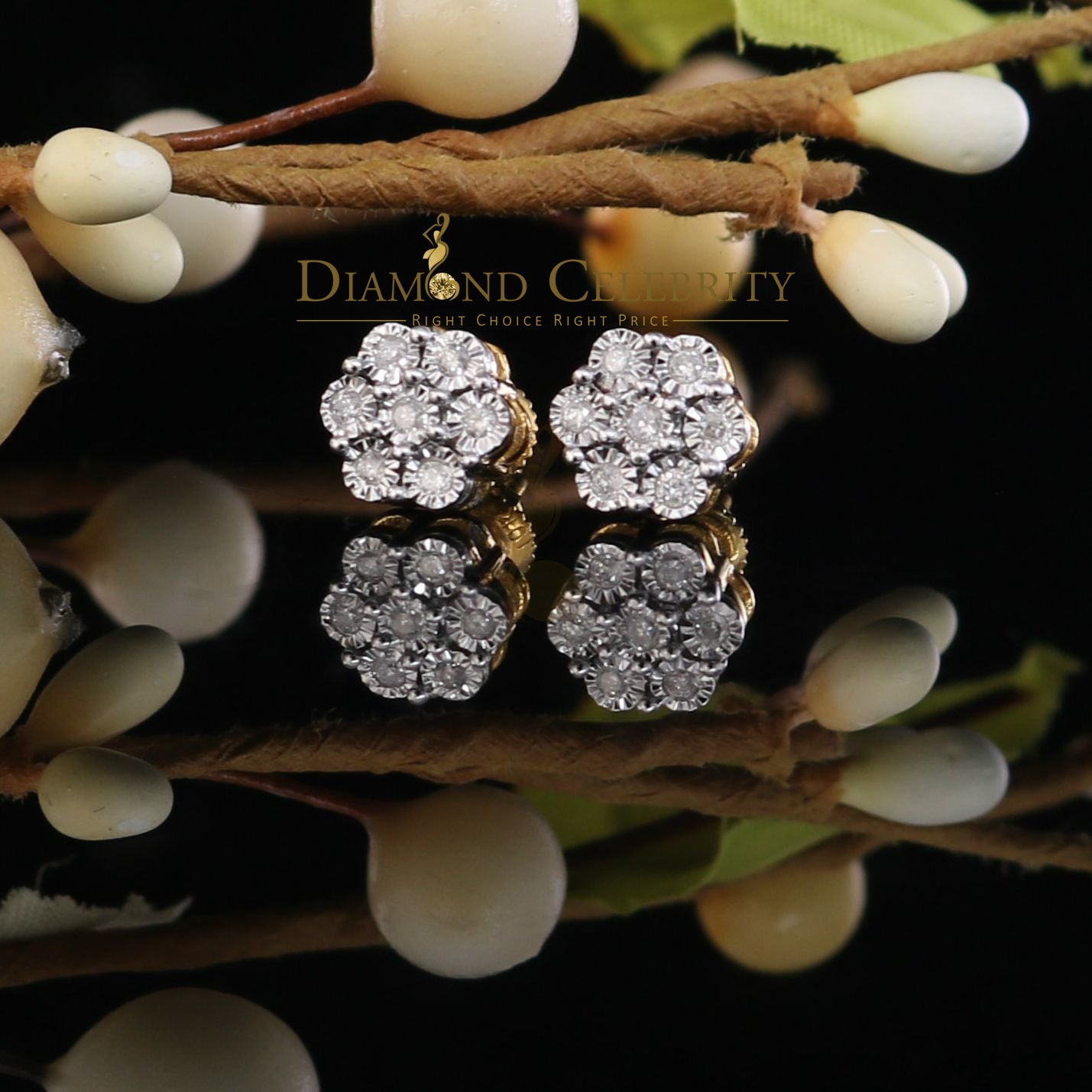 DiamondCelebriteesMen's 10K Real Yellow Gold Real 0.10CT Diamond illusion Stud Earrings for Women