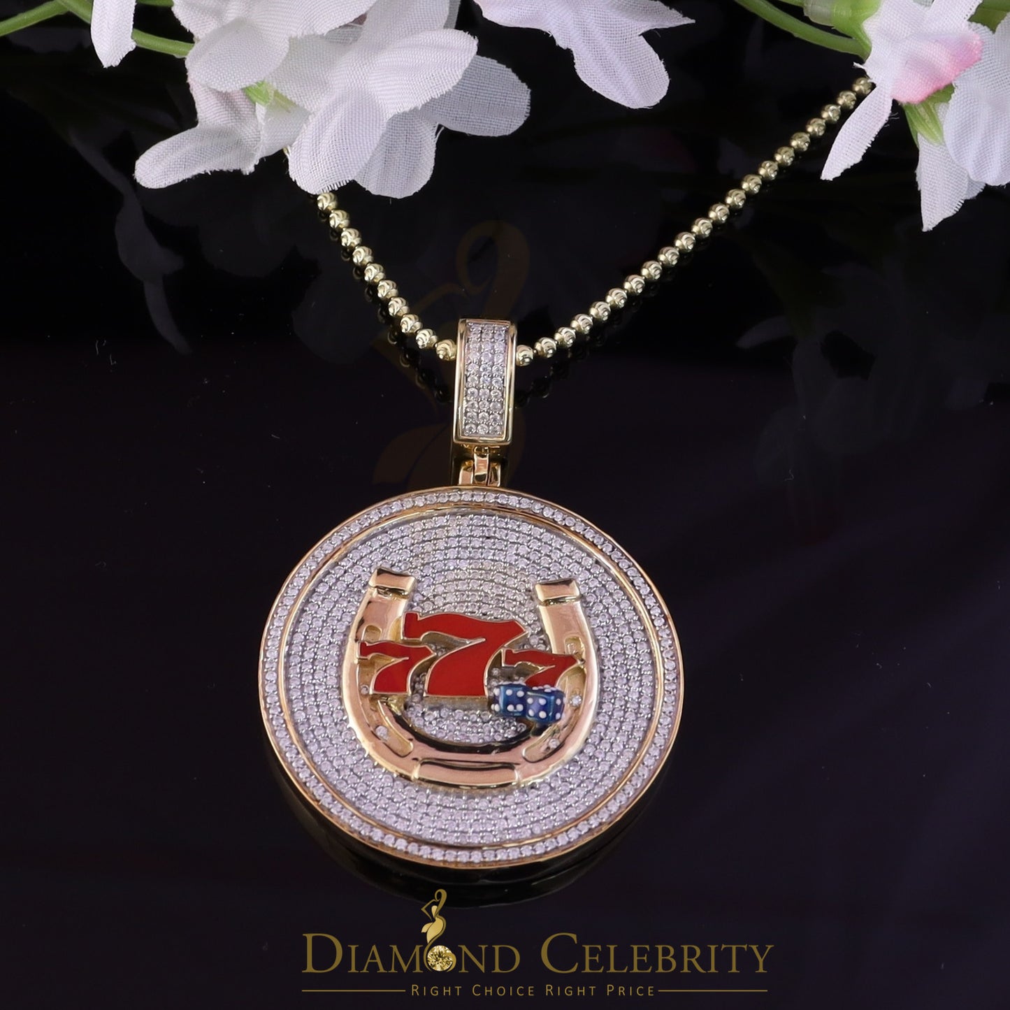 Diamondcelebritees Lucky 2.00ct Real Moissanite Yellow 925 Silver 777 W/Dice Horse Shoes Pendant