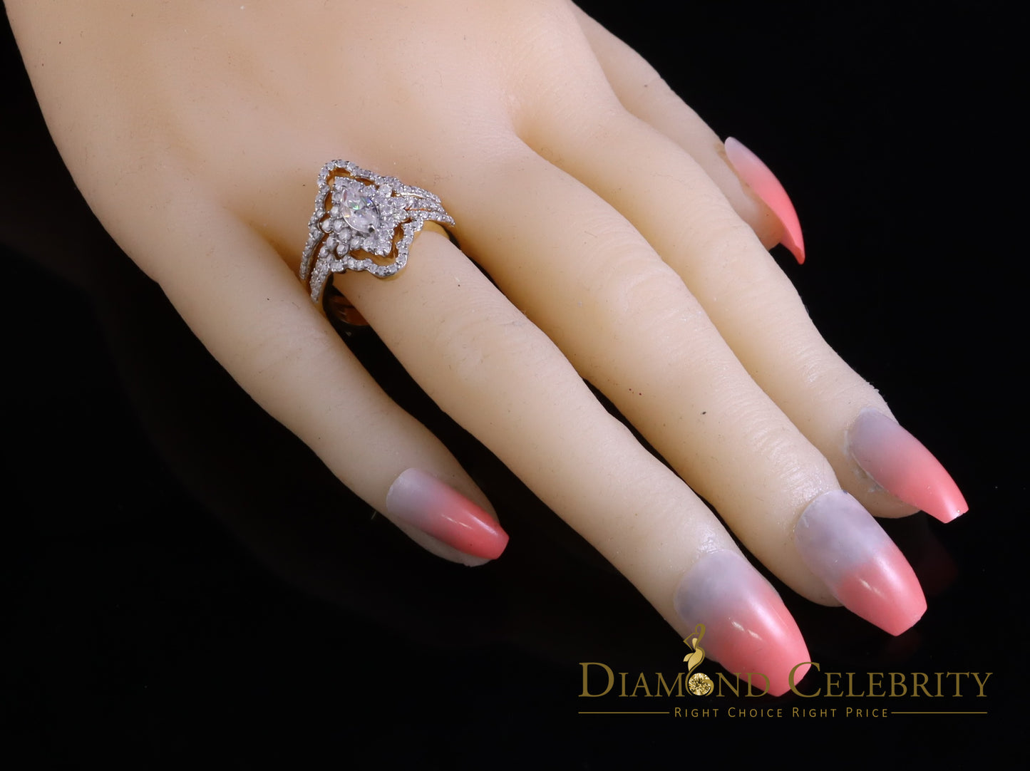 DiamondCelebritees New Solitaire Marquise Moissanite 2.00ct VVS D 925 Yellow Silver Guard Ring SZ 7