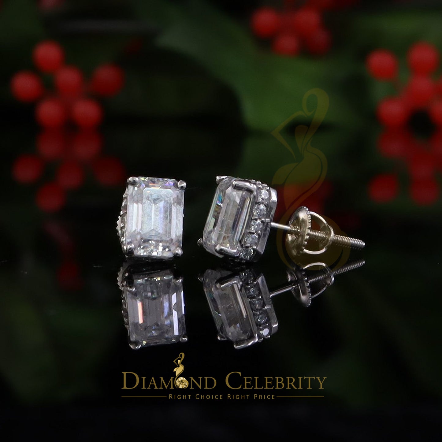 Diamondcelebritees Men's/Women's 925 Silver White 2.50ct VVS D Moissanite Emerald cut Stud Earrings