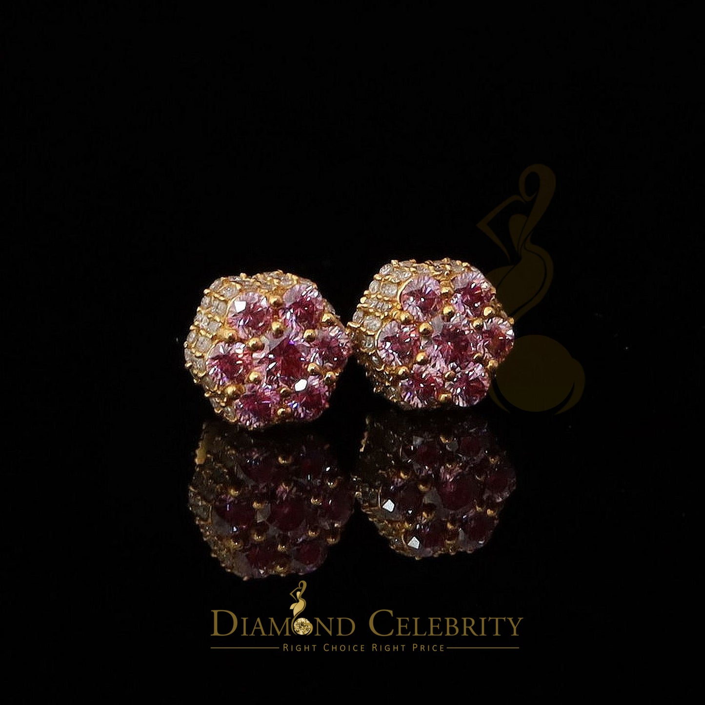 DiamondCelebritees 2.00 CT VVS D Pink Moissanite Women's 925 Yellow Silver 3D Floral Stud Earrings