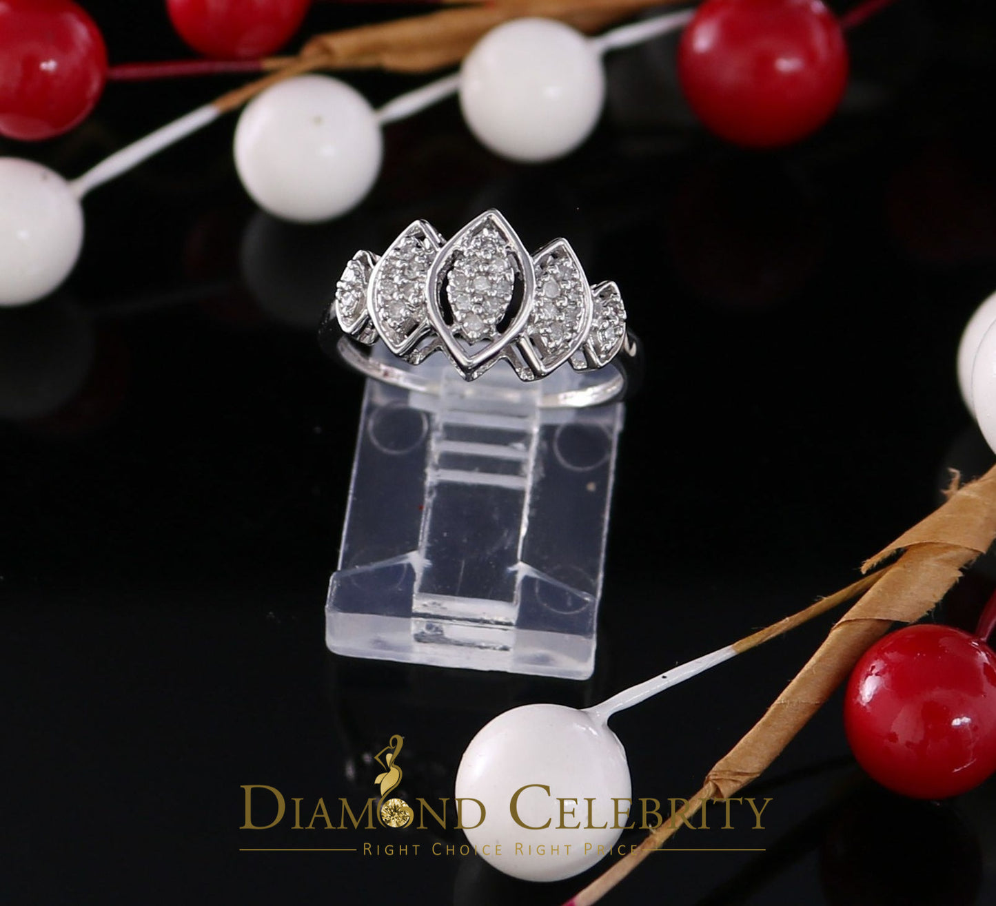 DiamondCelebritees Real 10kt White Gold 0.12CT Real Diamond Past Present Future Ring Women SZ 6.5
