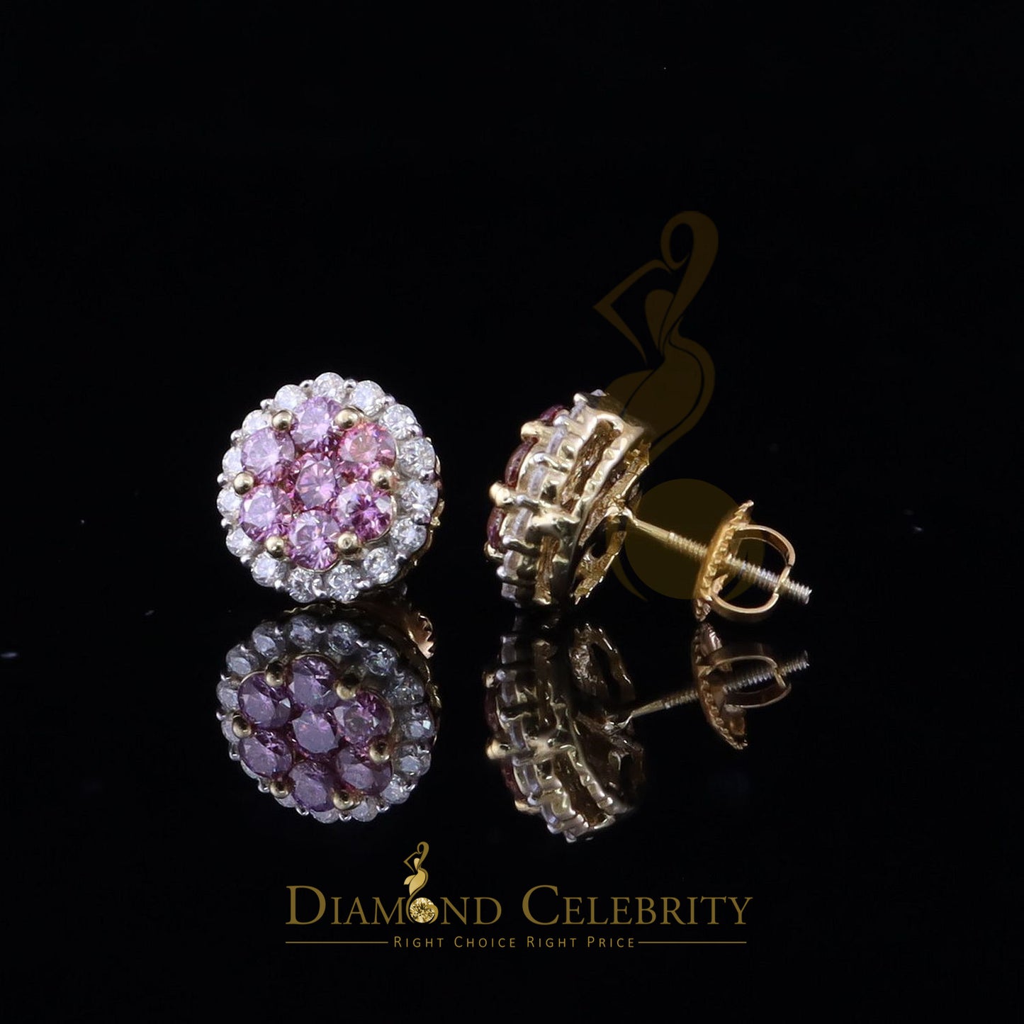 DiamondCelebritees 925 Silver Yellown2.00ct VVS D Pink Moissanite Round Men's/Women's Stud Earrings