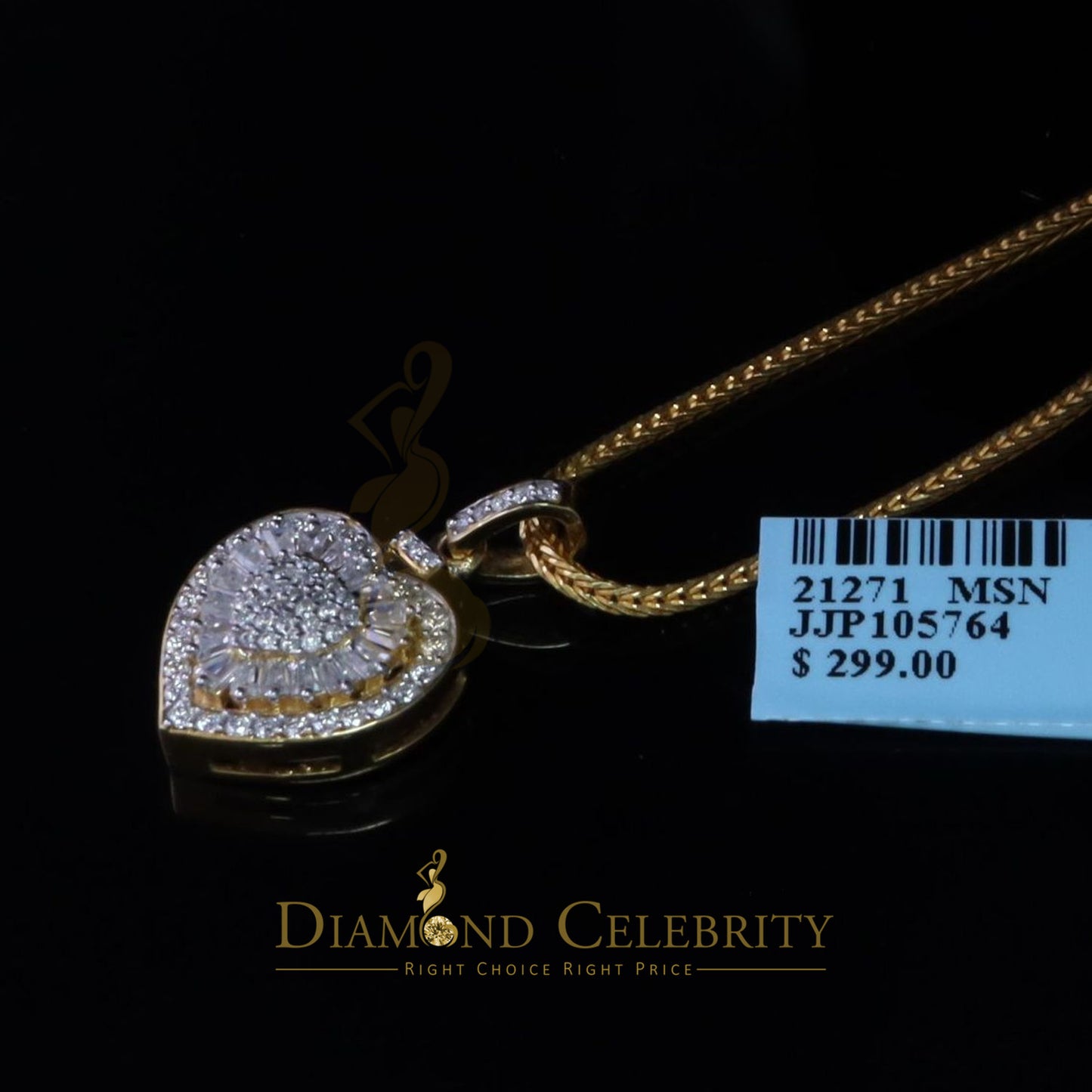 Diamondcelebritees Moissanite Women's Heart Pendant Bagutte & Rd 925 Yellow Silver 1.00ct VVS D