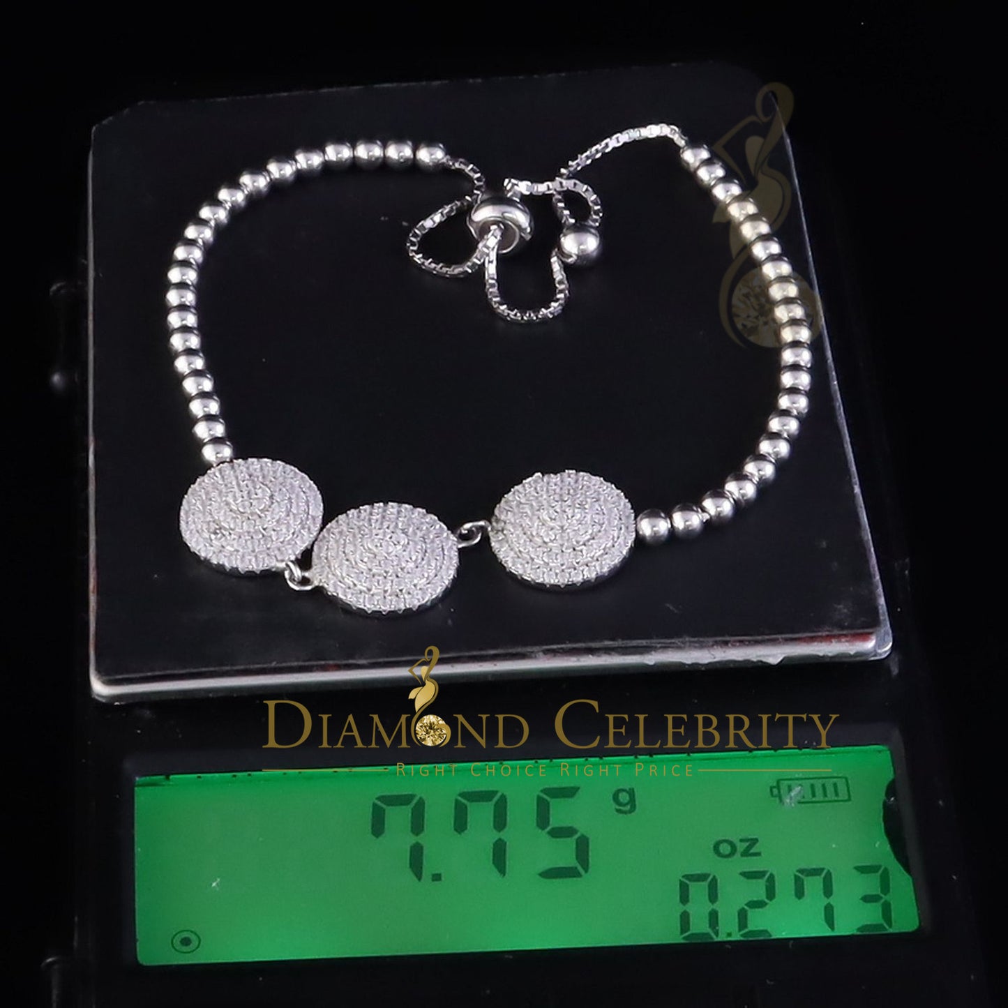 Diamondcelebritees Sterling Silver Fancy Round White Bracelet Cubic Zirconia Adjustable Size 7 Inch