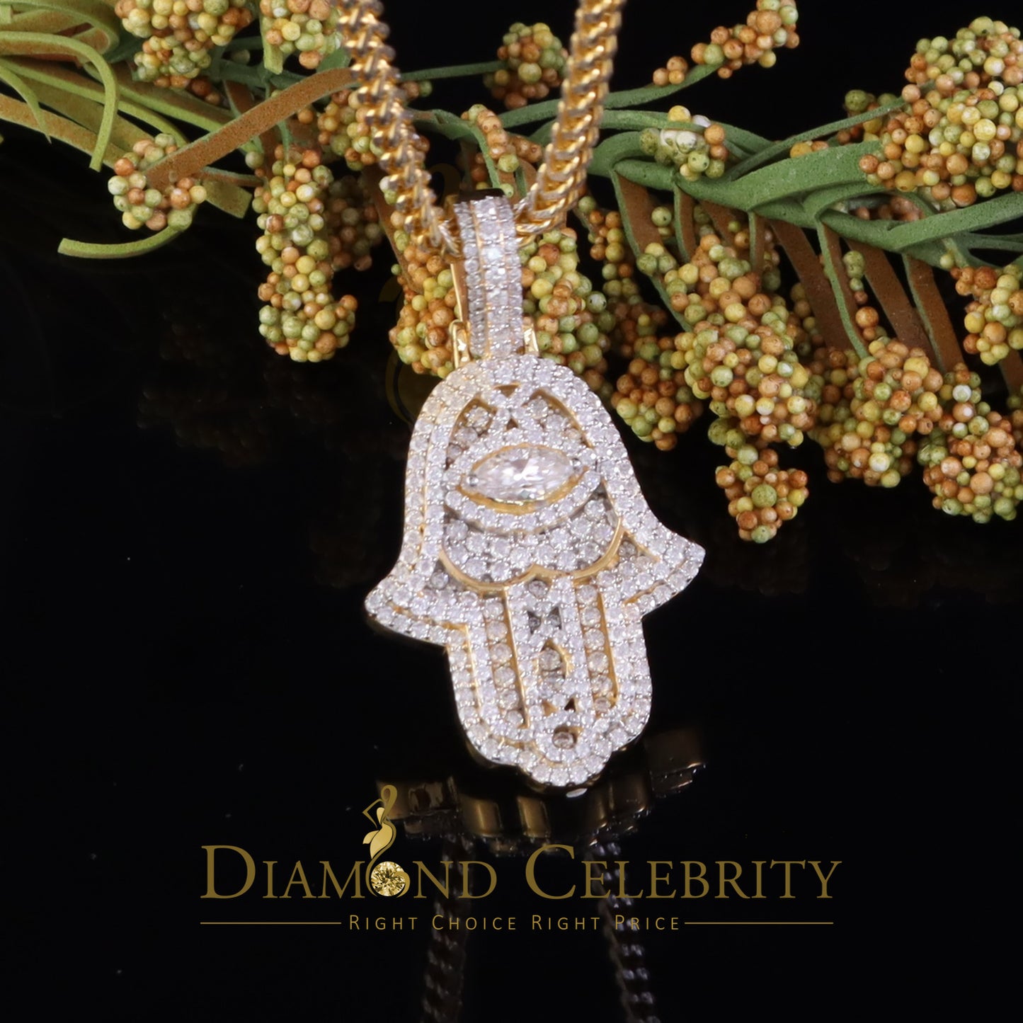 Diamondcelebritees 3.00ct Moissanite VVS D Baguette 925 Silver Yellow Hamsa Pendant For Women's