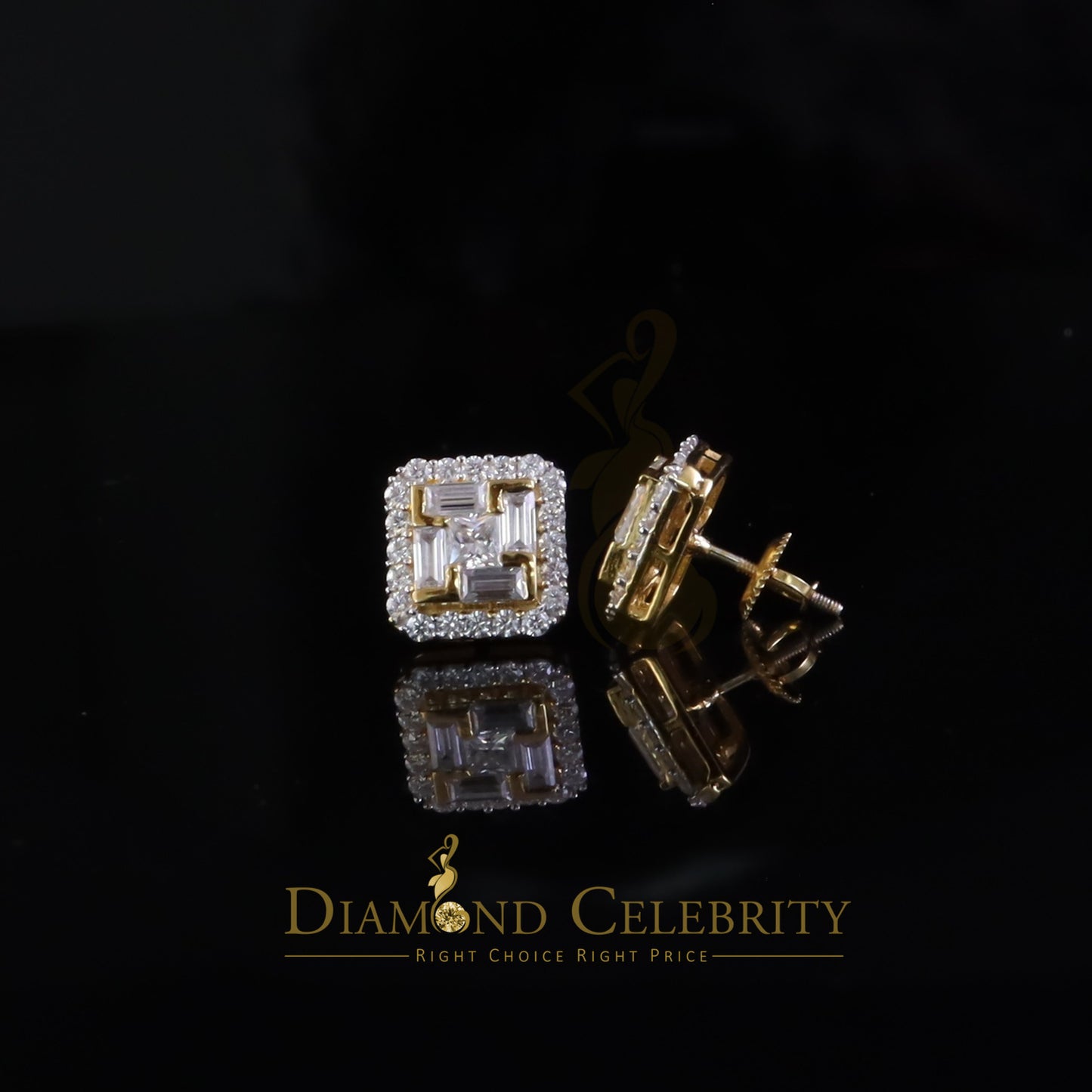 DiamondCelebritees New Men's Yellow Square Stud 925 Silver 1.66ct VVS 'D' Moissanite Womens Earring