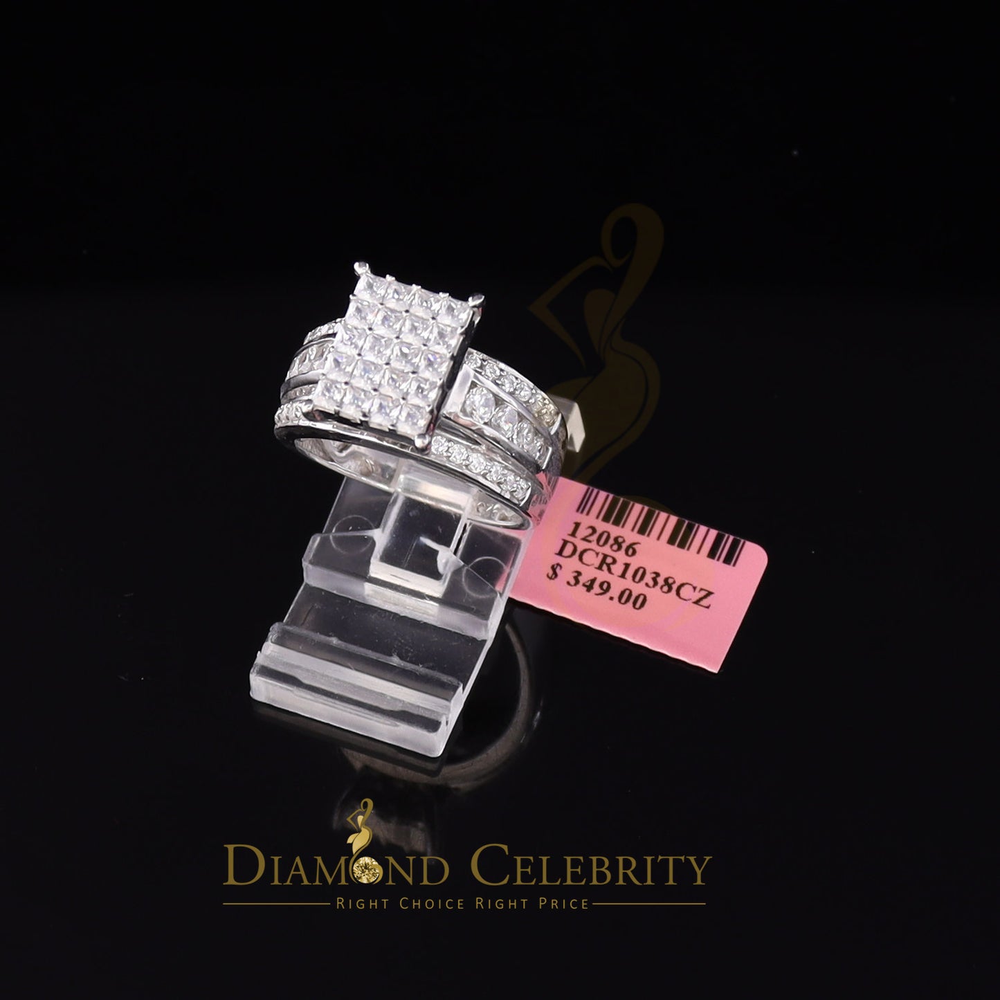 DiamondCelebritees 925 Silver White 3.80ct Cubic Zirconia Cinderella Engagement Women's Ring SZ 8