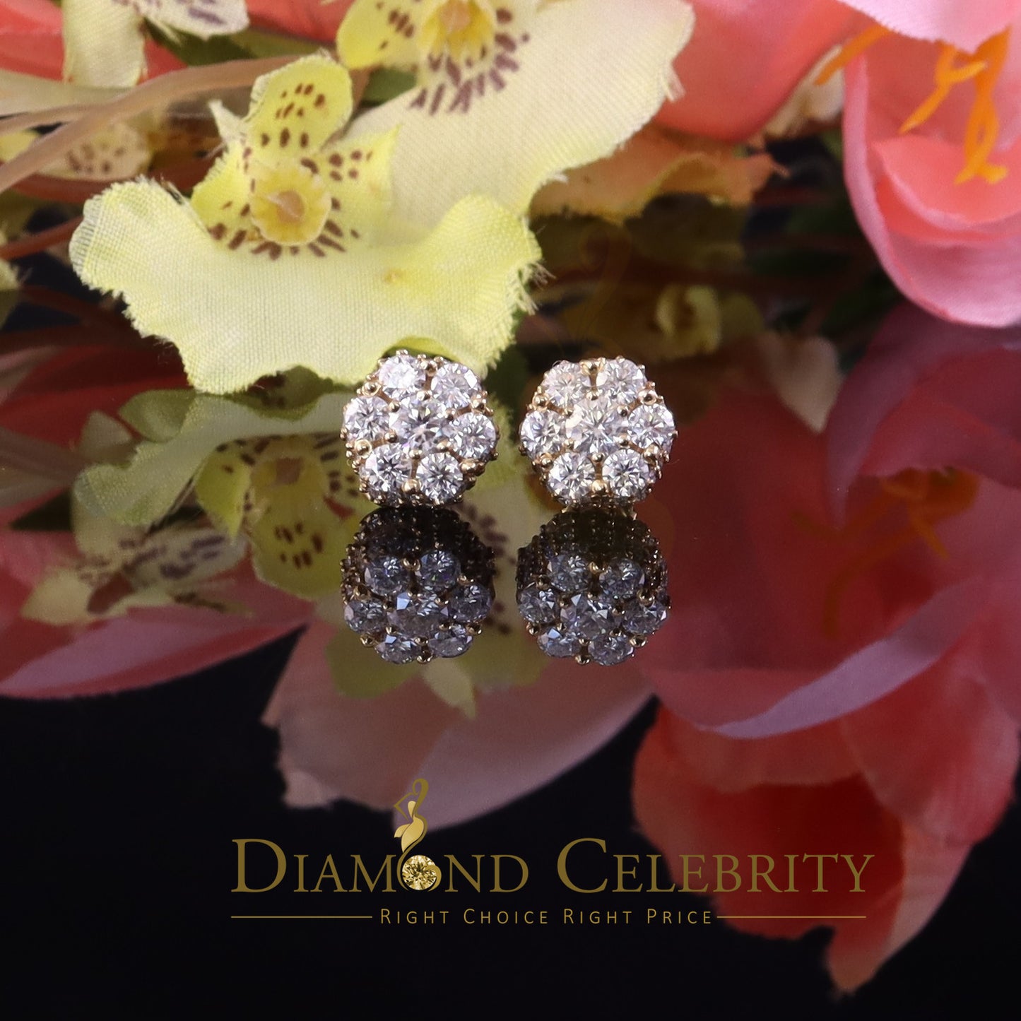 DiamondCelebritees 925 Silver Yellow 1.50ct VVS 'D' Men's & Womens Moissanite Floral Stud Earrings