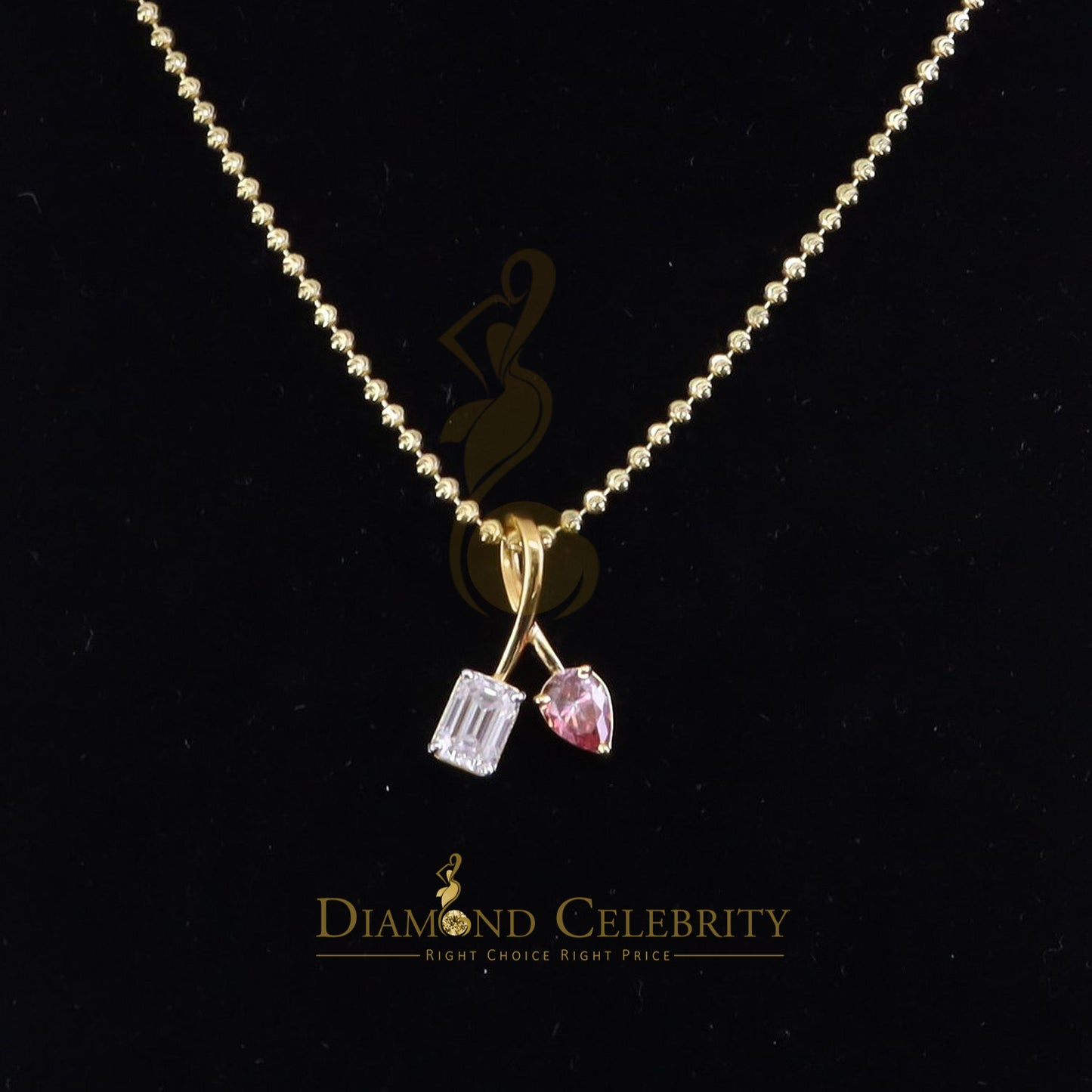 Diamondcelebritees Women's Yellow 925 Silver 2.00ct VVS D Pink Moissanite Pear & Emerald Pendant