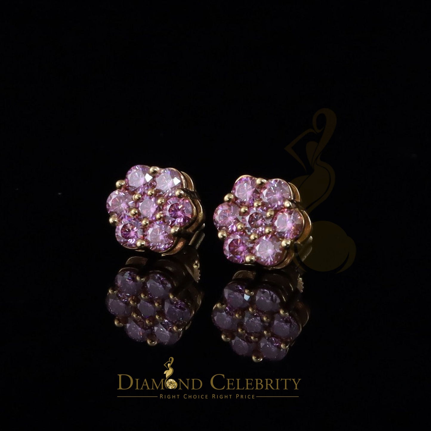 DiamondCelebritees Mens/Women's 925 Silver Yellow 1.66ct VVS D Pink Moissanite Floral Stud Earrings