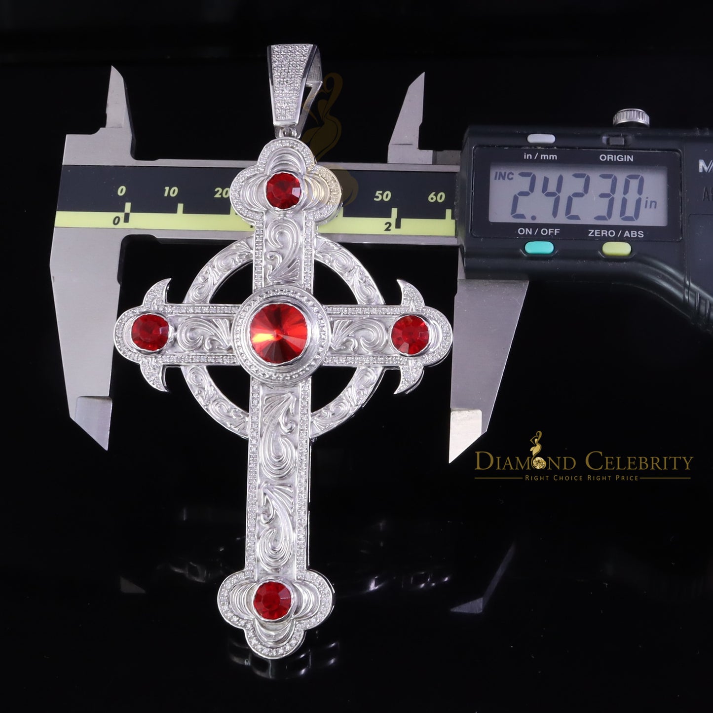 DiamondCelebritees 925 Sterling Red & White Silver Cross Pendant for He/She with Cubic Zirconia
