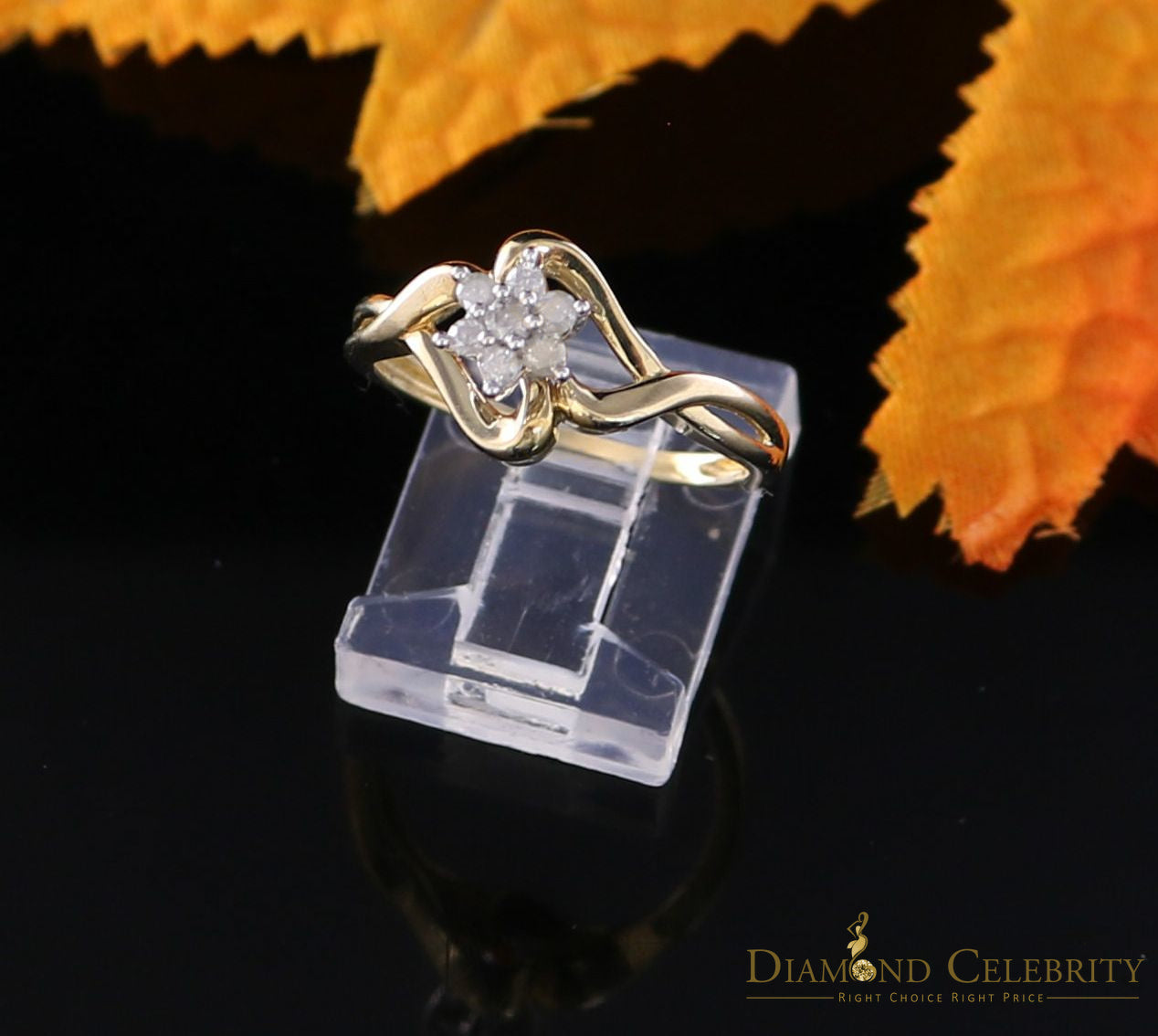 DiamondCelebritees 10 kt Real Yellow Gold with Real 0.15 CT Diamond FLOWER Womens Ring Size 7