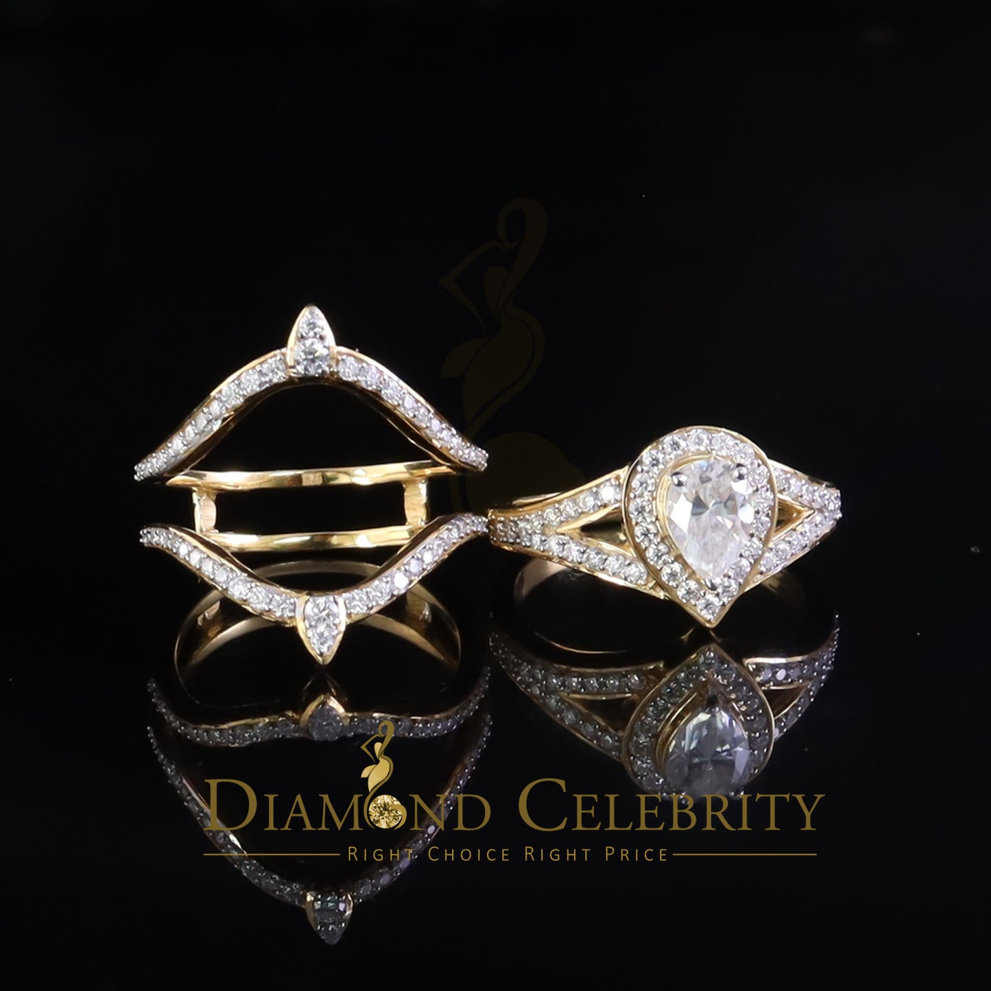 DiamondCelebritees 1.75ct Silver Yellow Enhancer Guard Wrap VVS D Pear Moissanite Women Ring Sz 7