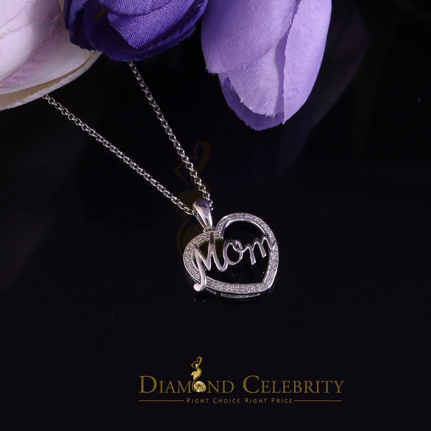 DiamondCelebritees Sterling Silver White Real 0.10CT Diamond HEART MOM'S Charm Necklace Pendant