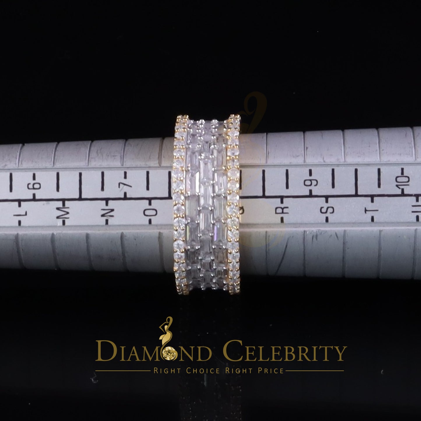 DiamondCelebritees Round Band Rings SZ 8 Baguette Silver 3.50ct VVS 'D' Moissanite Yellow for Women