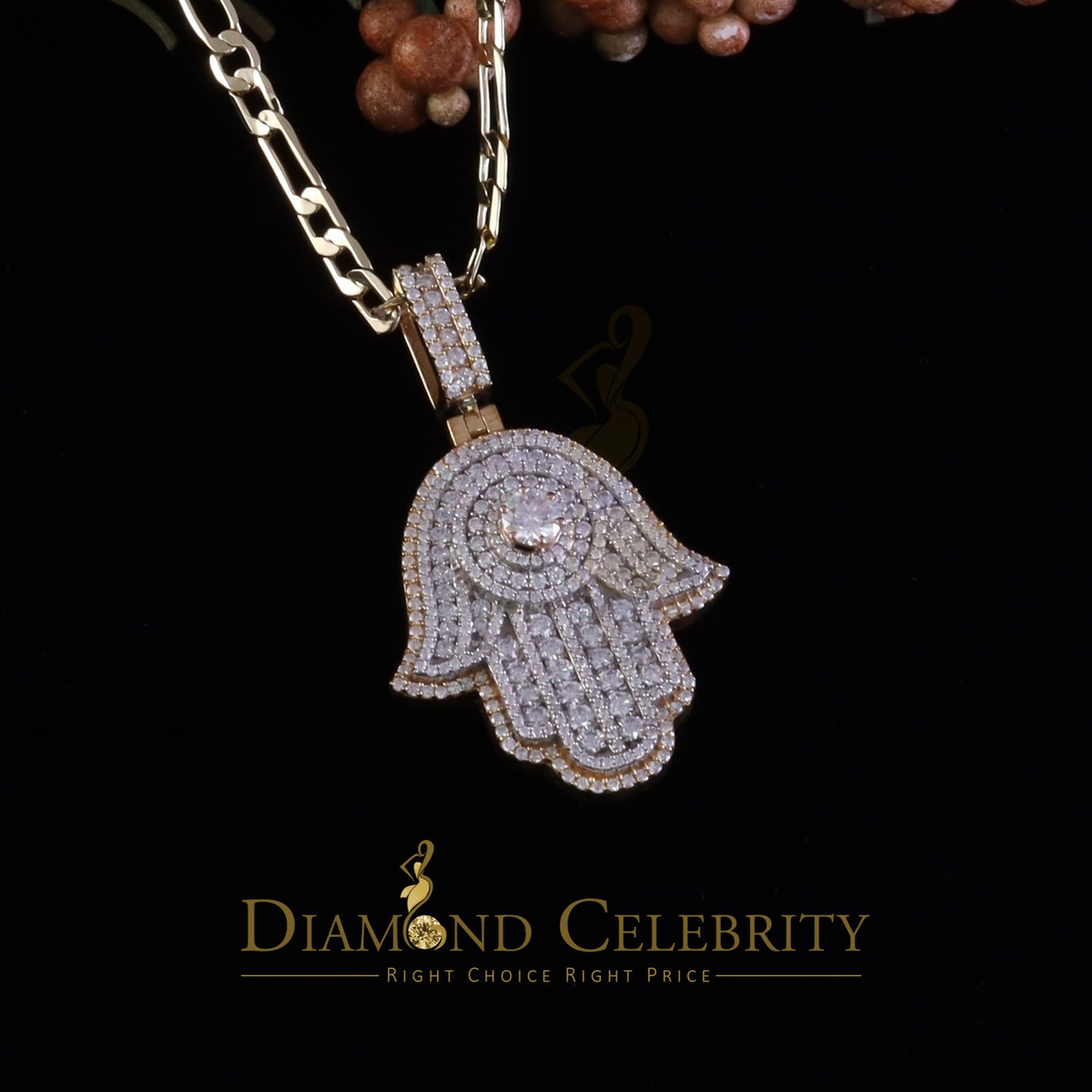Diamondcelebritees Big Hamsa Pendant Men & Women 5ct VVS D Moissanite Yellow Sterling Silver Charm