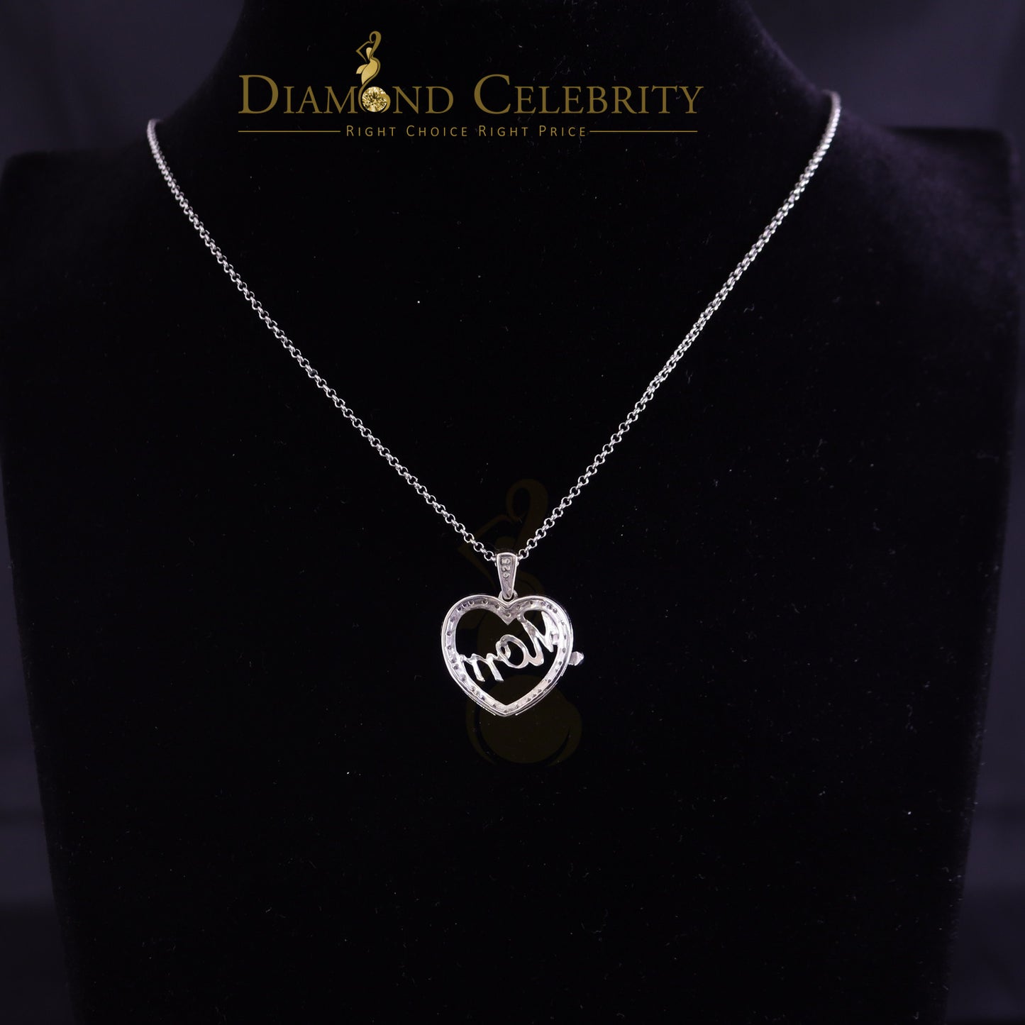 DiamondCelebritees Sterling Silver White Real 0.10CT Diamond HEART MOM'S Charm Necklace Pendant