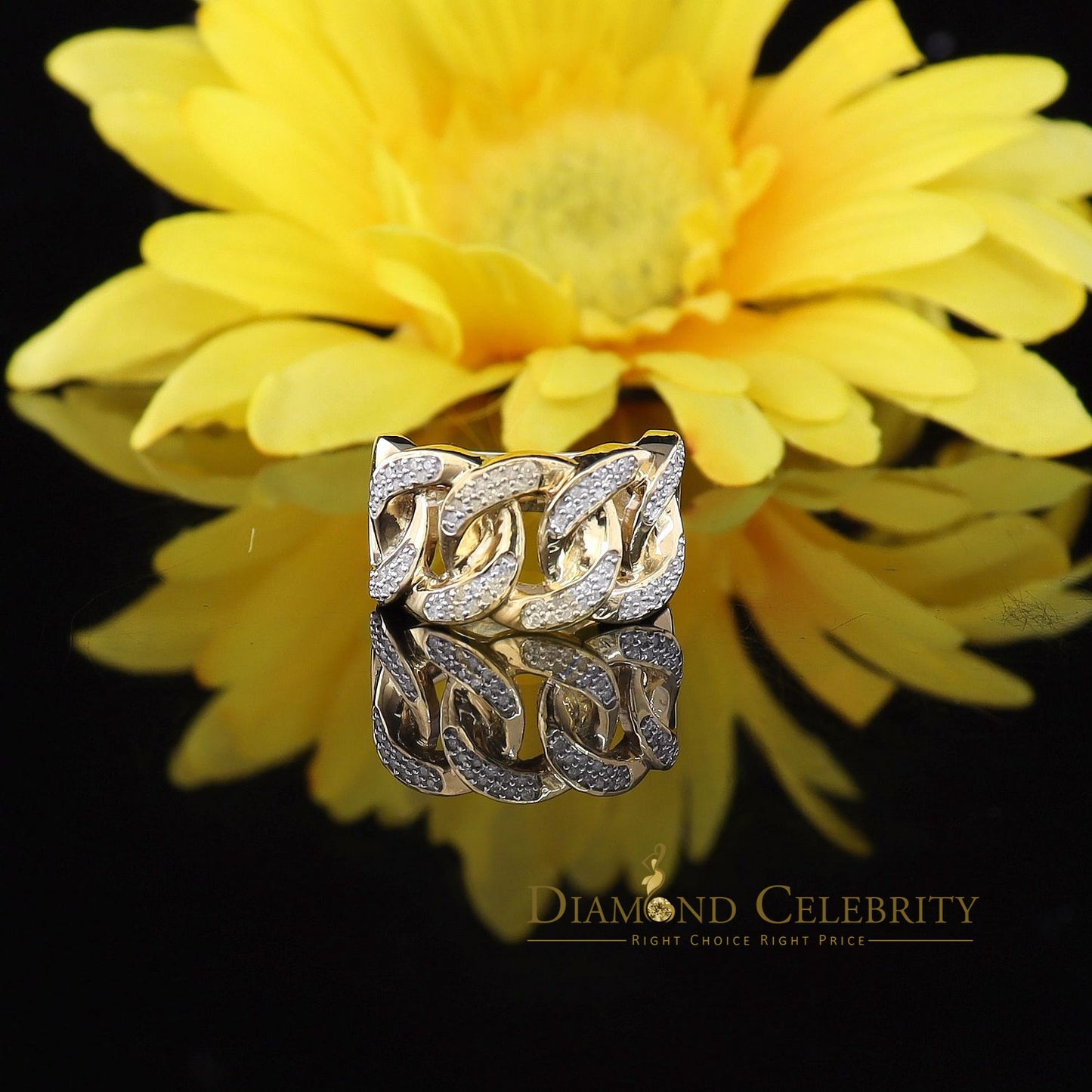 DiamondCelebritees 925 Sterling Silver Yellow Womens Ring Size 8 With Miami Cuban 0.33 CT Diamond