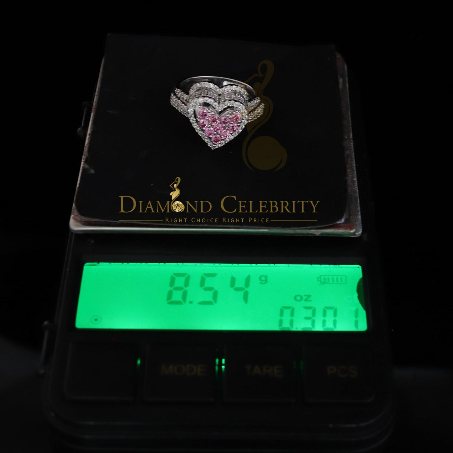 DiamondCelebritees 2.50CT Women's925 Silver White VVS 'D' PINK Moissanite 3D Heart Shape Ring Size7