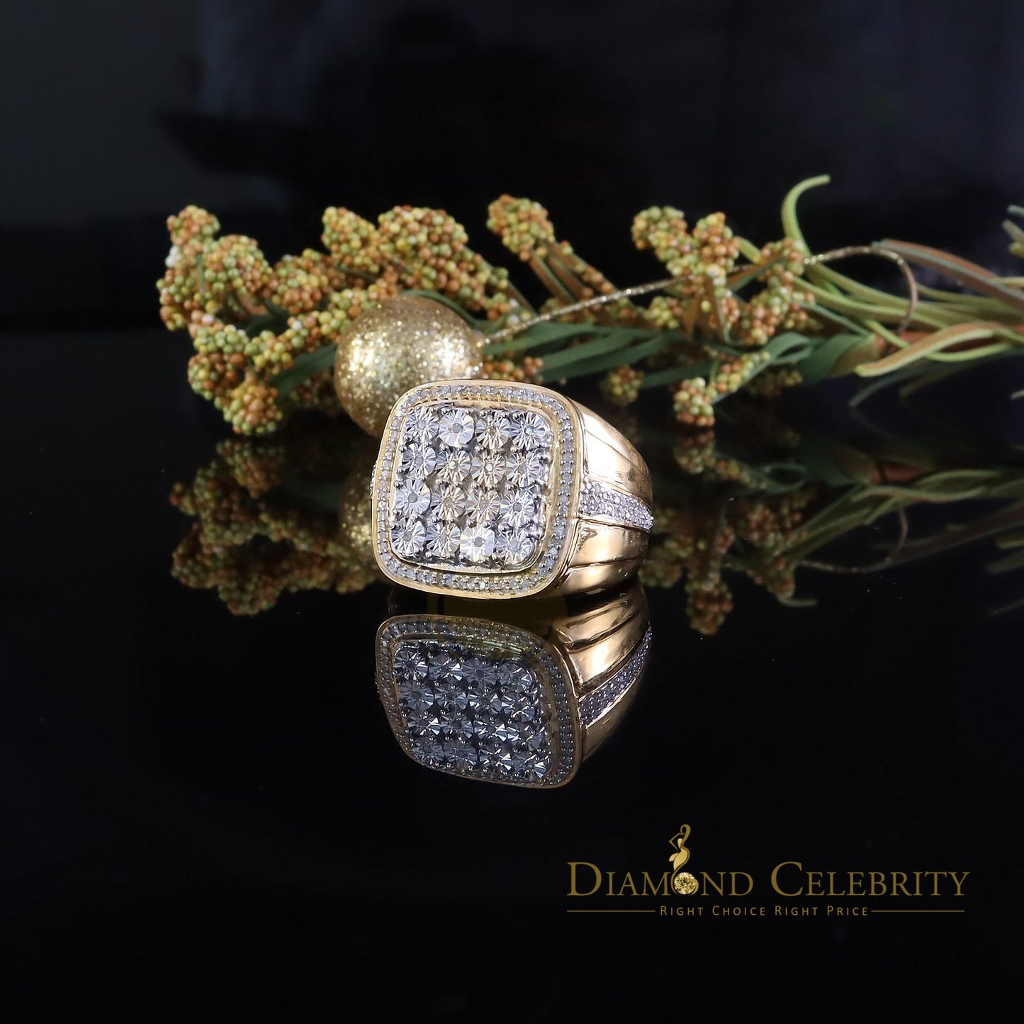 DiamondCelebritees Trendy Big Mirage set Real Diamond 0.50ct Yellow Silver Square Mens Ring Size 10