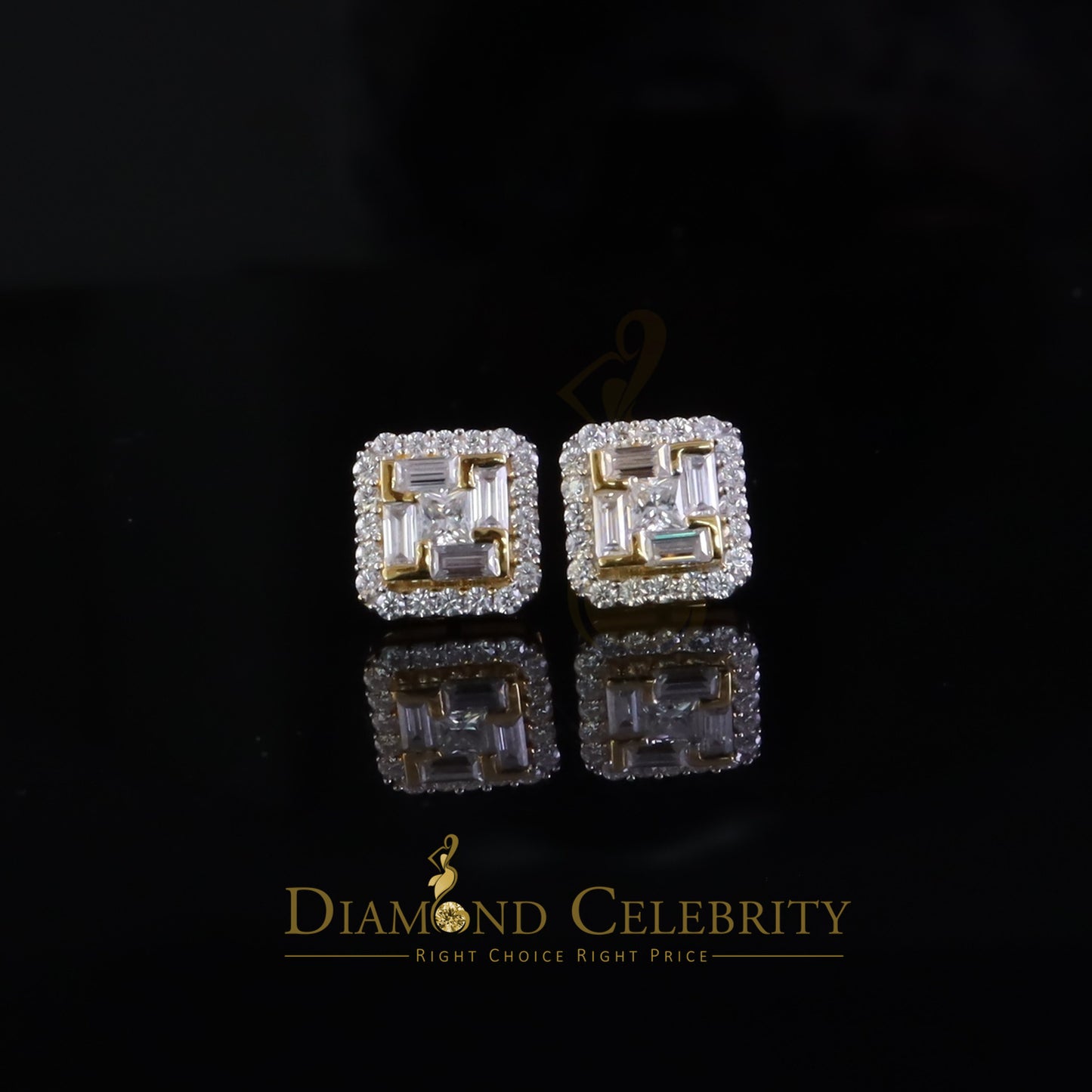 DiamondCelebritees New Men's Yellow Square Stud 925 Silver 1.66ct VVS 'D' Moissanite Womens Earring