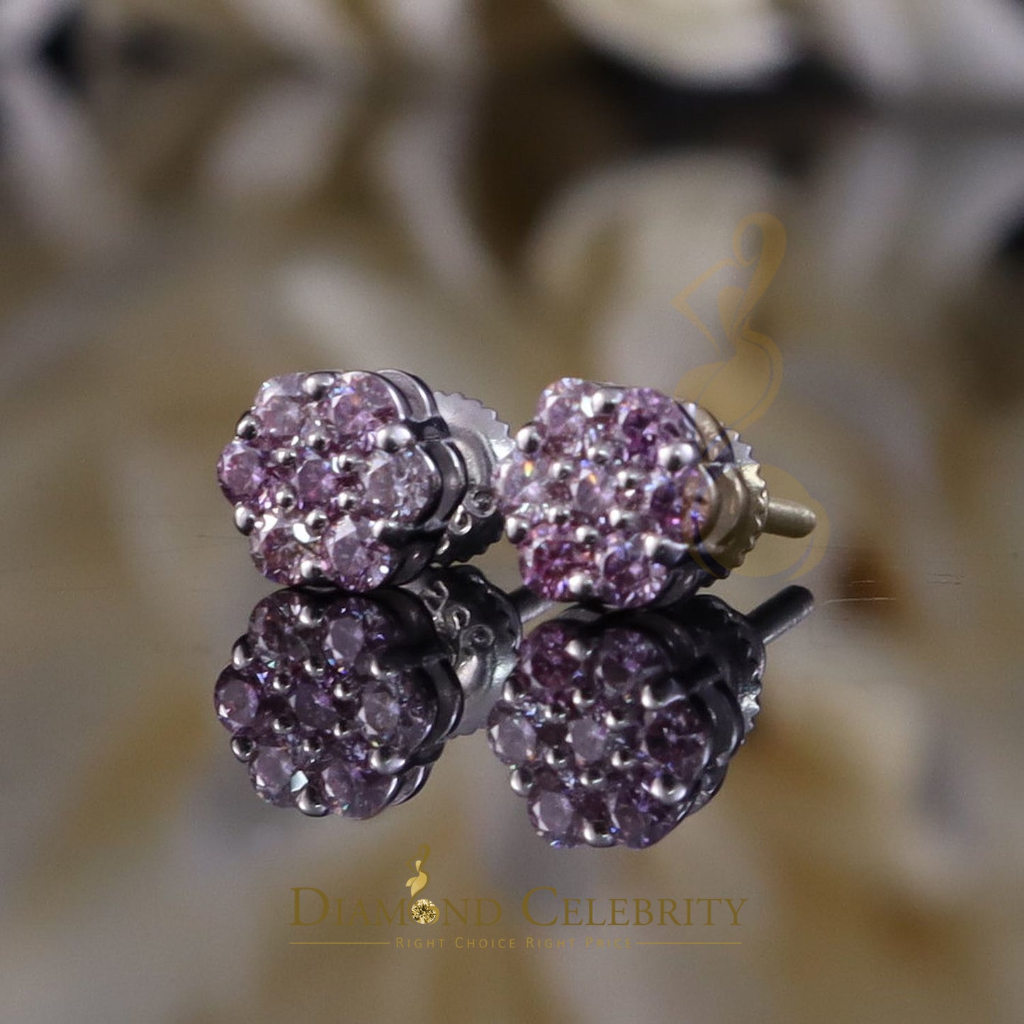 Diamondcelebritees Mens/Womens 925 Silver White 0.50ct VVS 'D' Pink Moissanite Floral Stud Earrings