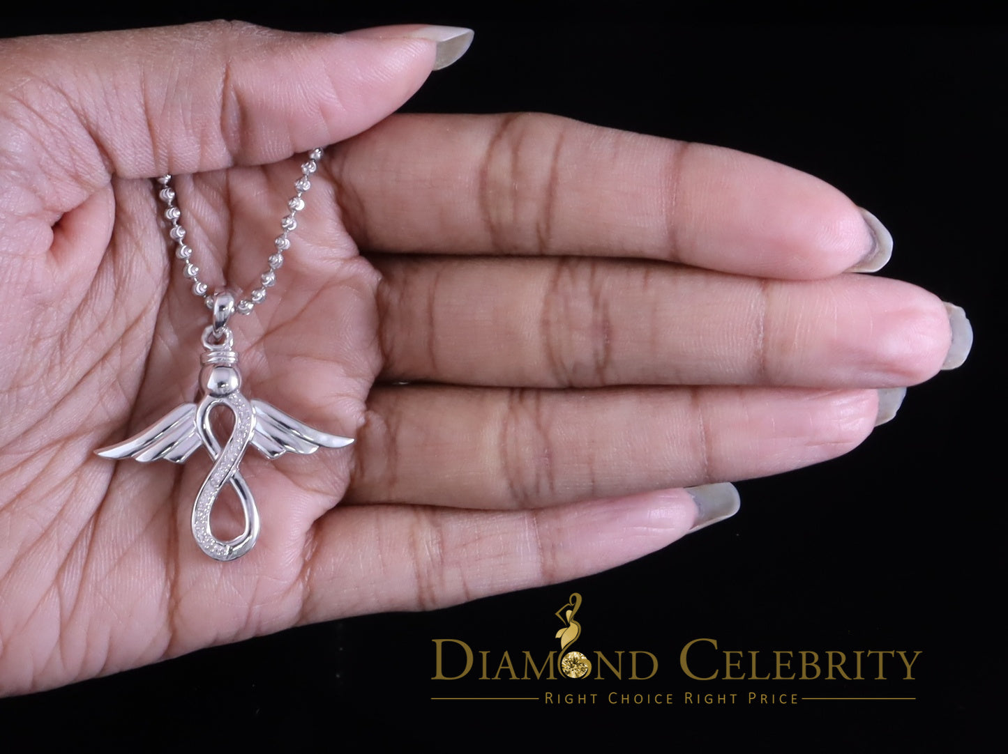 DiamondCelebritees NEW Real 0.05CT Diamond Infinity with Wings Silver White Charm Necklace Pendant