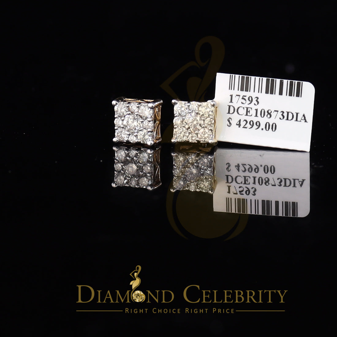 DiamondCelebritees 10K Real Yellow Gold with Real 1.50ct Diamonds Square Stud Earrings