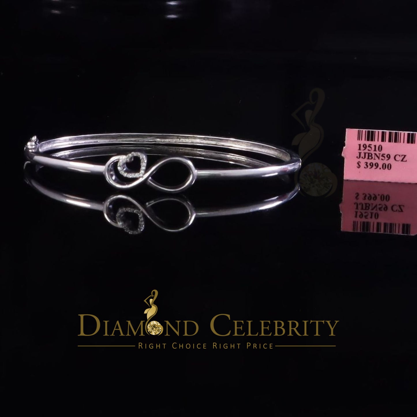 DiamondCelebritees Sterling Silver White Heart Infinity Bangle 0.14ct Cubic Zirconia Size 7 Inch
