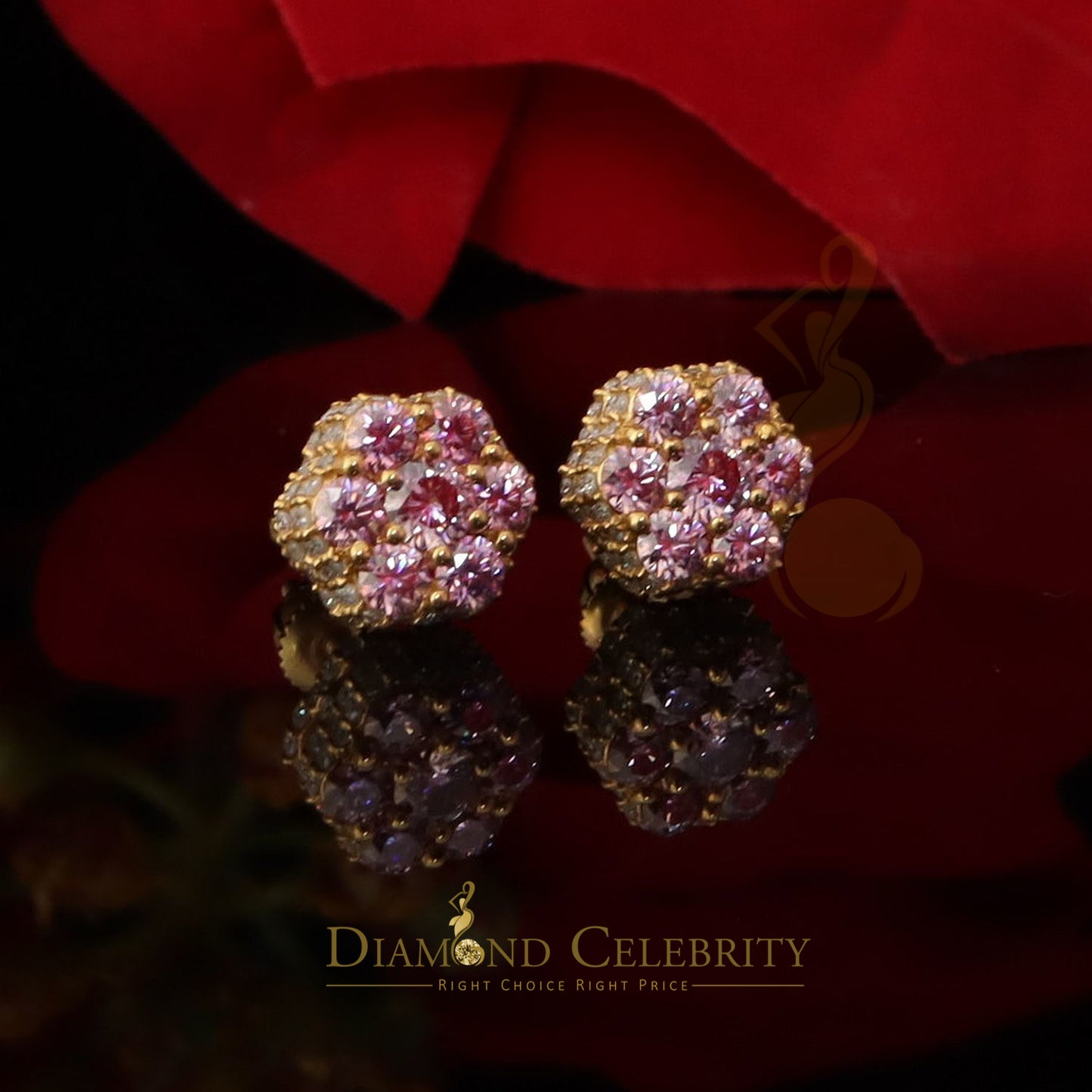 DiamondCelebritees 2.00 CT VVS D Pink Moissanite Women's 925 Yellow Silver 3D Floral Stud Earrings