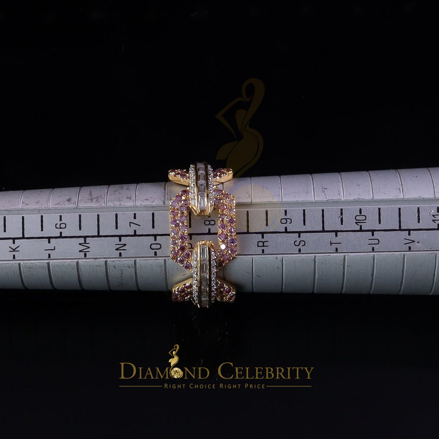 DiamondCelebritees 2.50CT Womens Pink Moissanite VVS D 925 Yellow Silver Baguette Eternity Ring Sz8