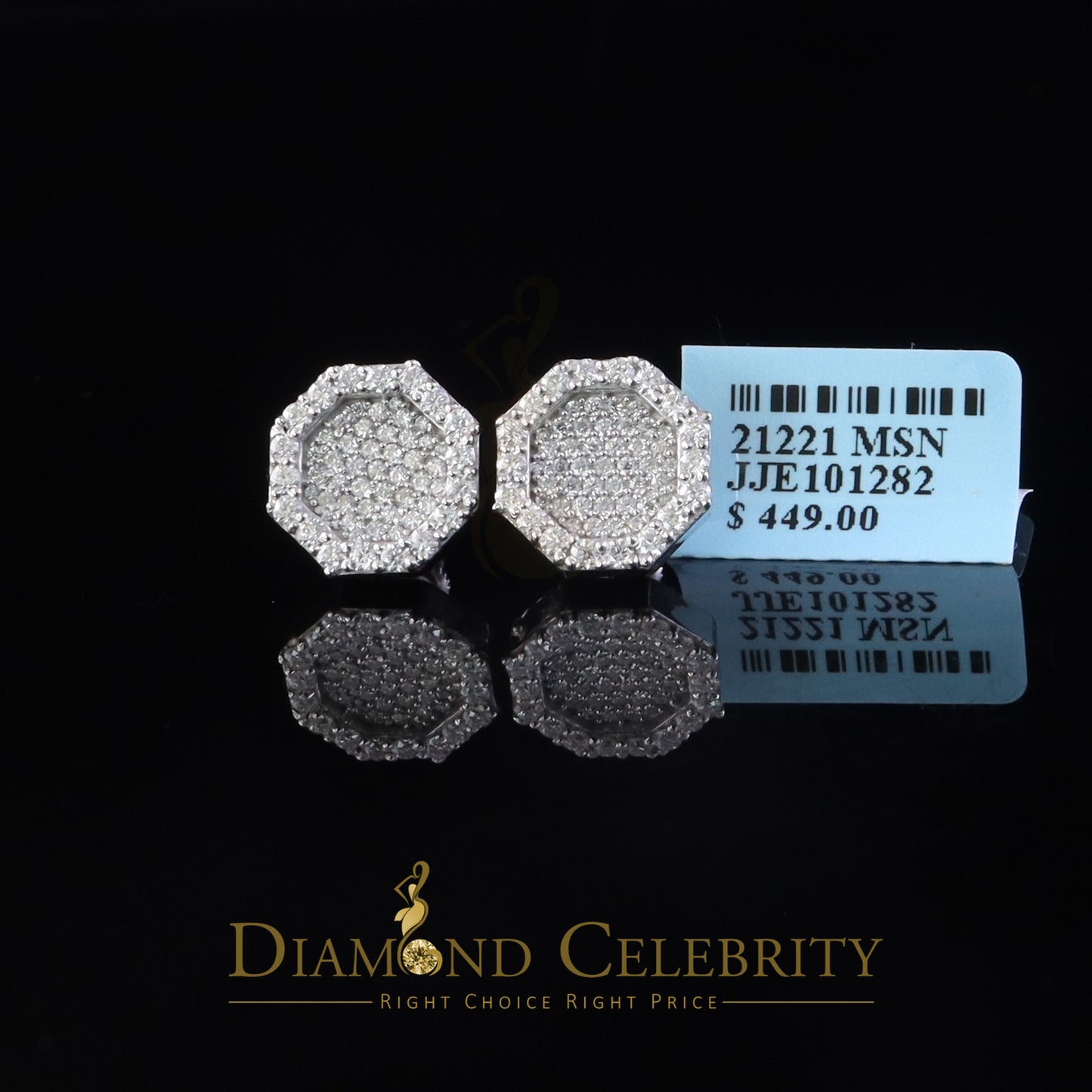 Diamondcelebritees 925 White Silver 1.00ct VVS 'D' Moissanite Octagon Stud Earring Men's/Womens