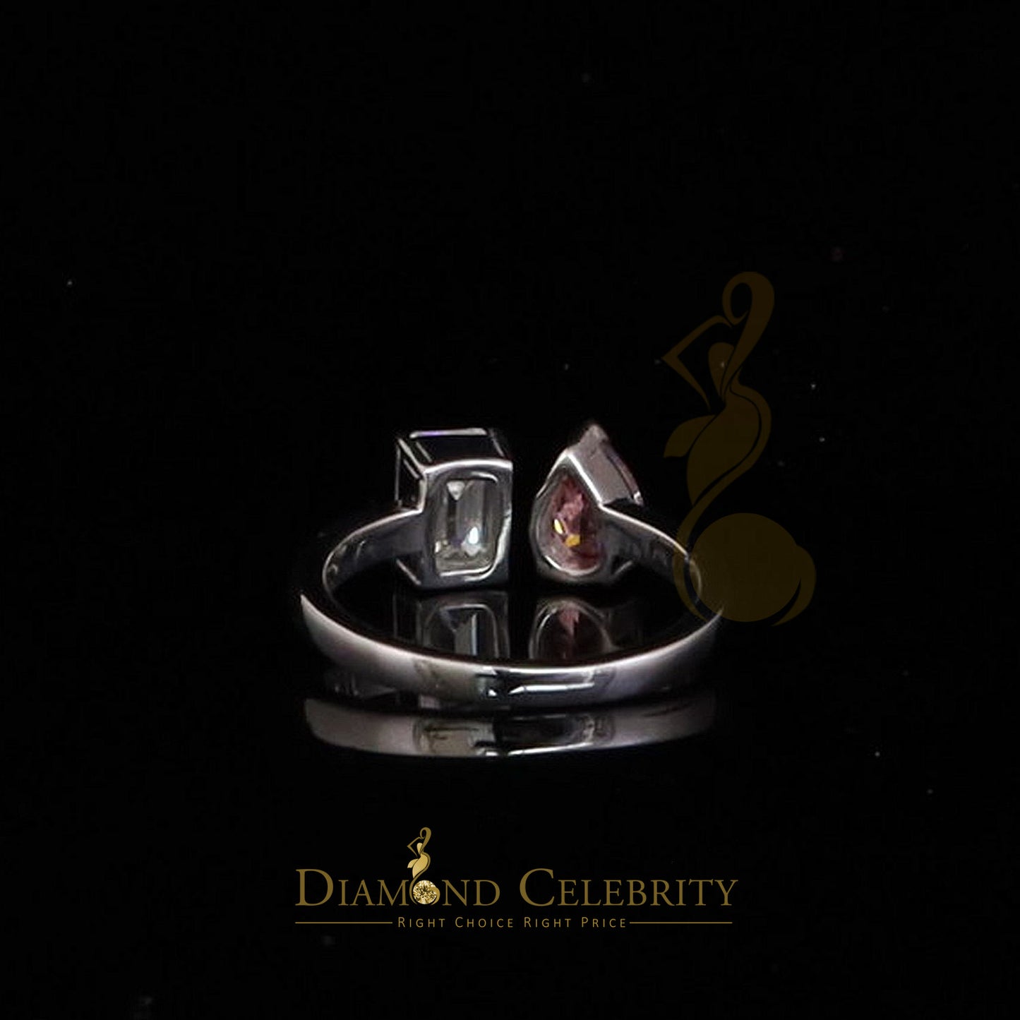DiamondCelebritees 2.00CT Women's 925 Silver VVS D Pink & White Moissanite Pear Emerald Ring SZ 7