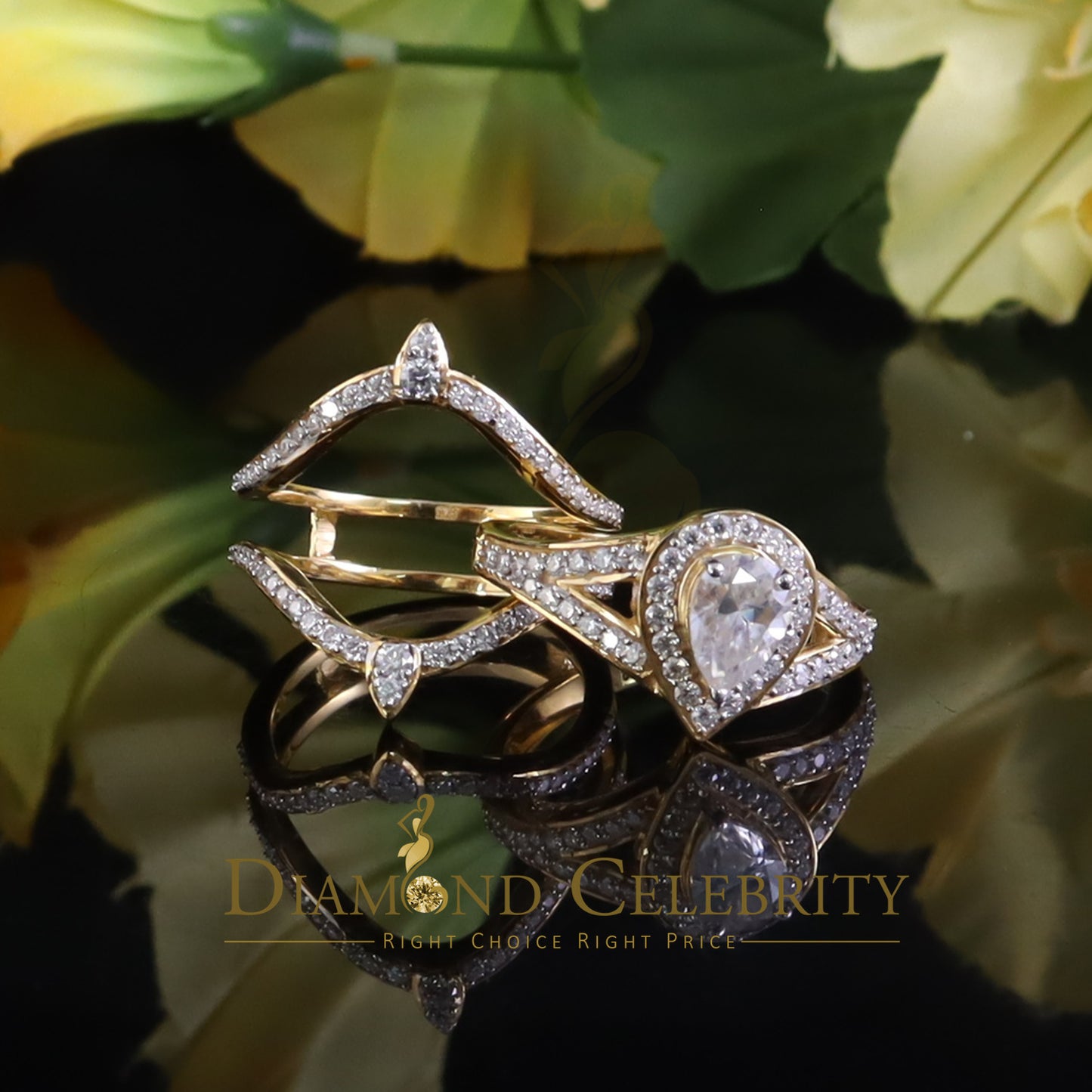 DiamondCelebritees 1.75ct Silver Yellow Enhancer Guard Wrap VVS D Pear Moissanite Women Ring Sz 7