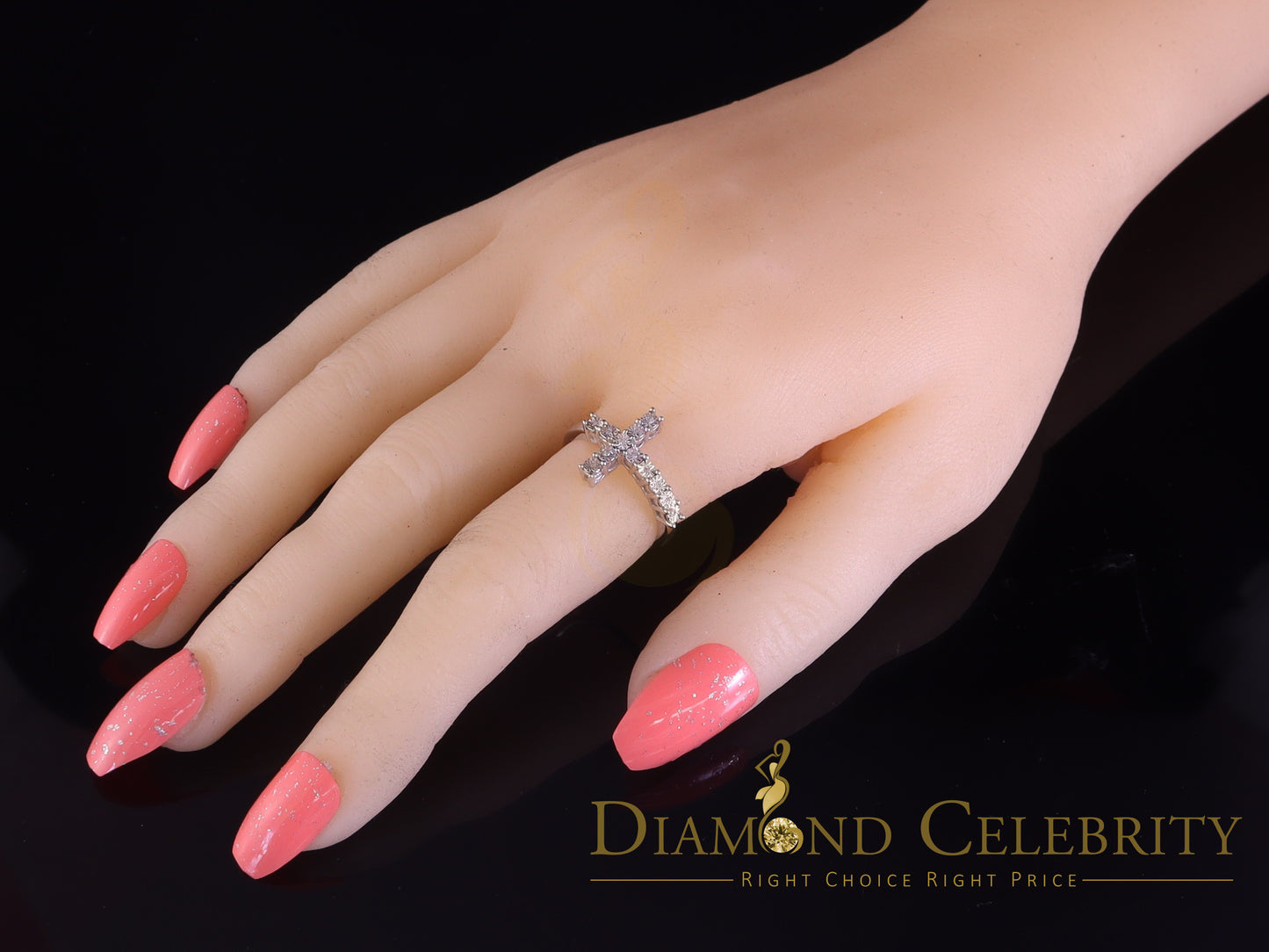 DiamondCelebritees 0.05ct Real Diamond 925 Sterling White Silver Sideways Cross Womens Ring Size 7