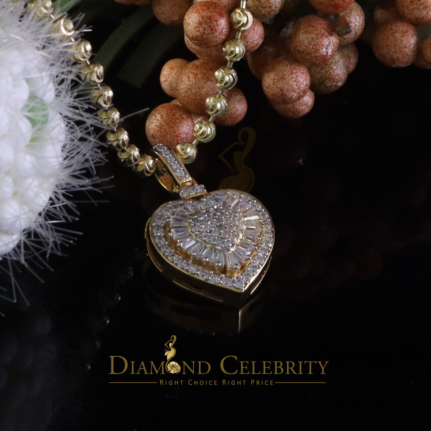 Diamondcelebritees Moissanite Women's Heart Pendant Bagutte & Rd 925 Yellow Silver 1.00ct VVS D
